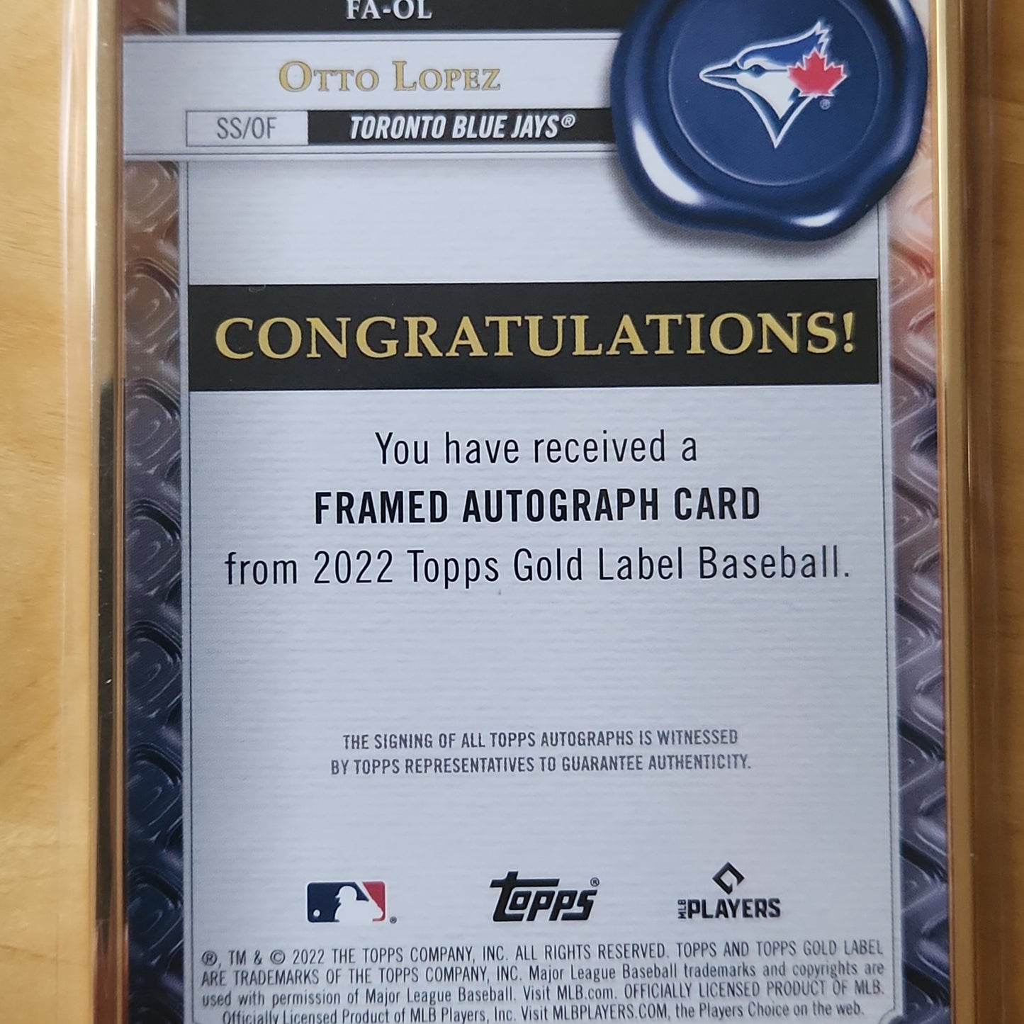 2022 Topps Gold Label Otto Lopez Framed AUTO RC #FA-OL Toranto Blue Jays