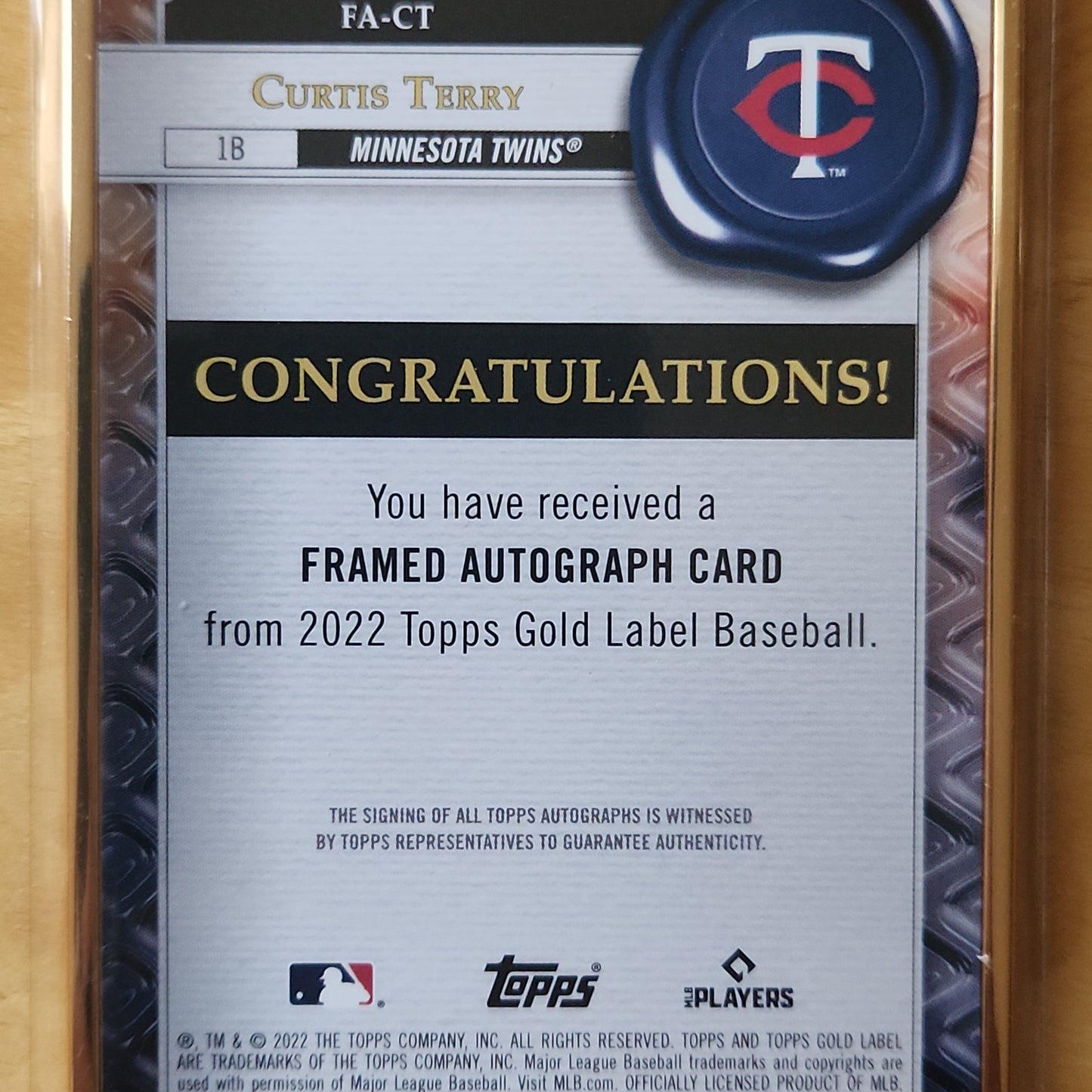 2022 Topps Gold Label Curtis Terry Framed AUTO RC #FA-CT Minnesota Twins