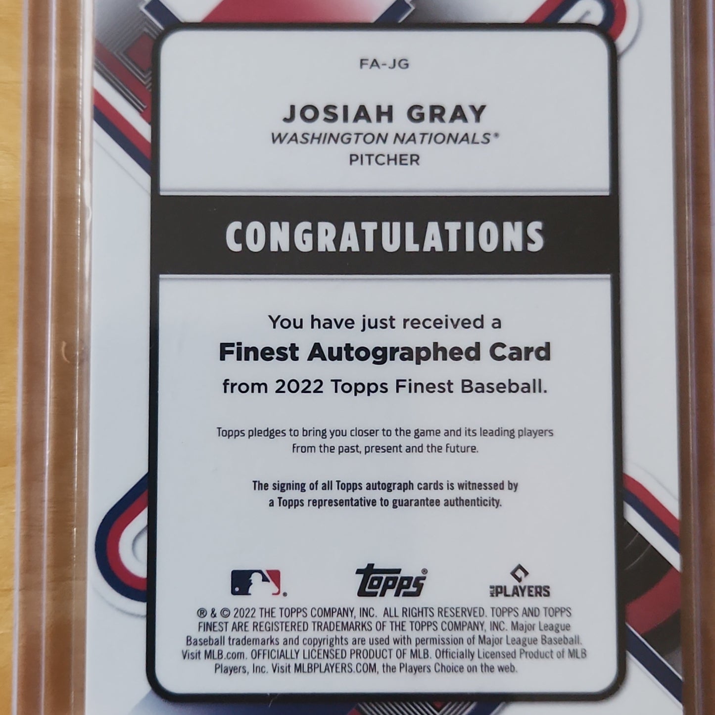 2022 Topps Finest Baseball Josiah Gray AUTO RC #FA-JG Washington Nationals