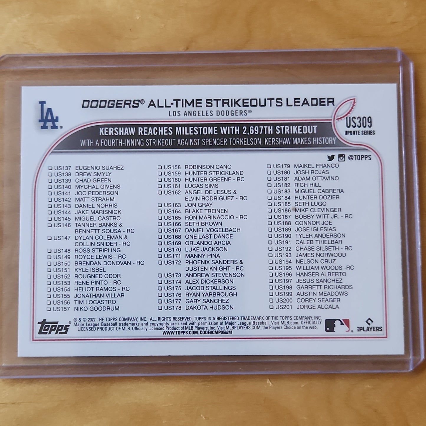 2022 Topps Clayton Kershaw All Time Strike Out Leaders insert Refractor #US309 LA Dogers