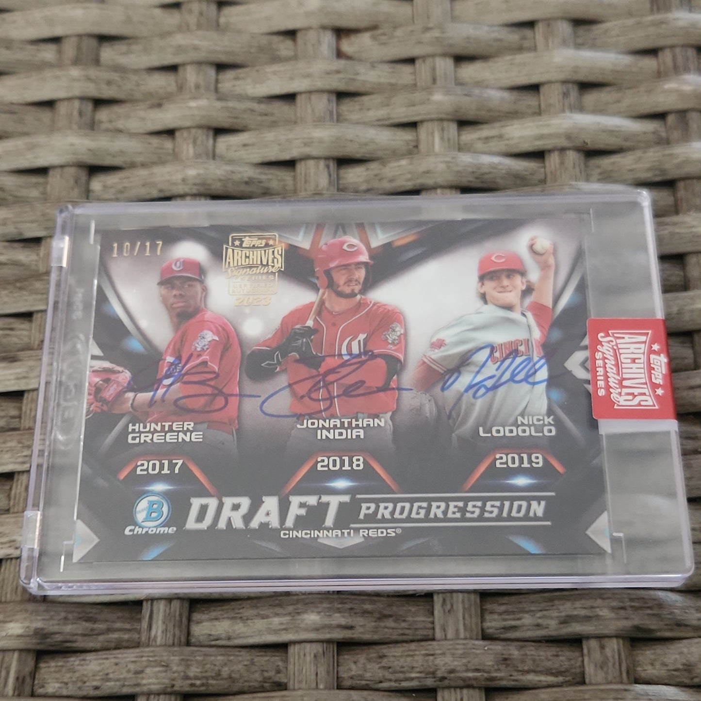Topps Chrome Archive Signature Series 1st Bowman Draft Progression Hunter Greene, Jonathan India, Nick Lodolo Auto 10/17 #DPR-CIN