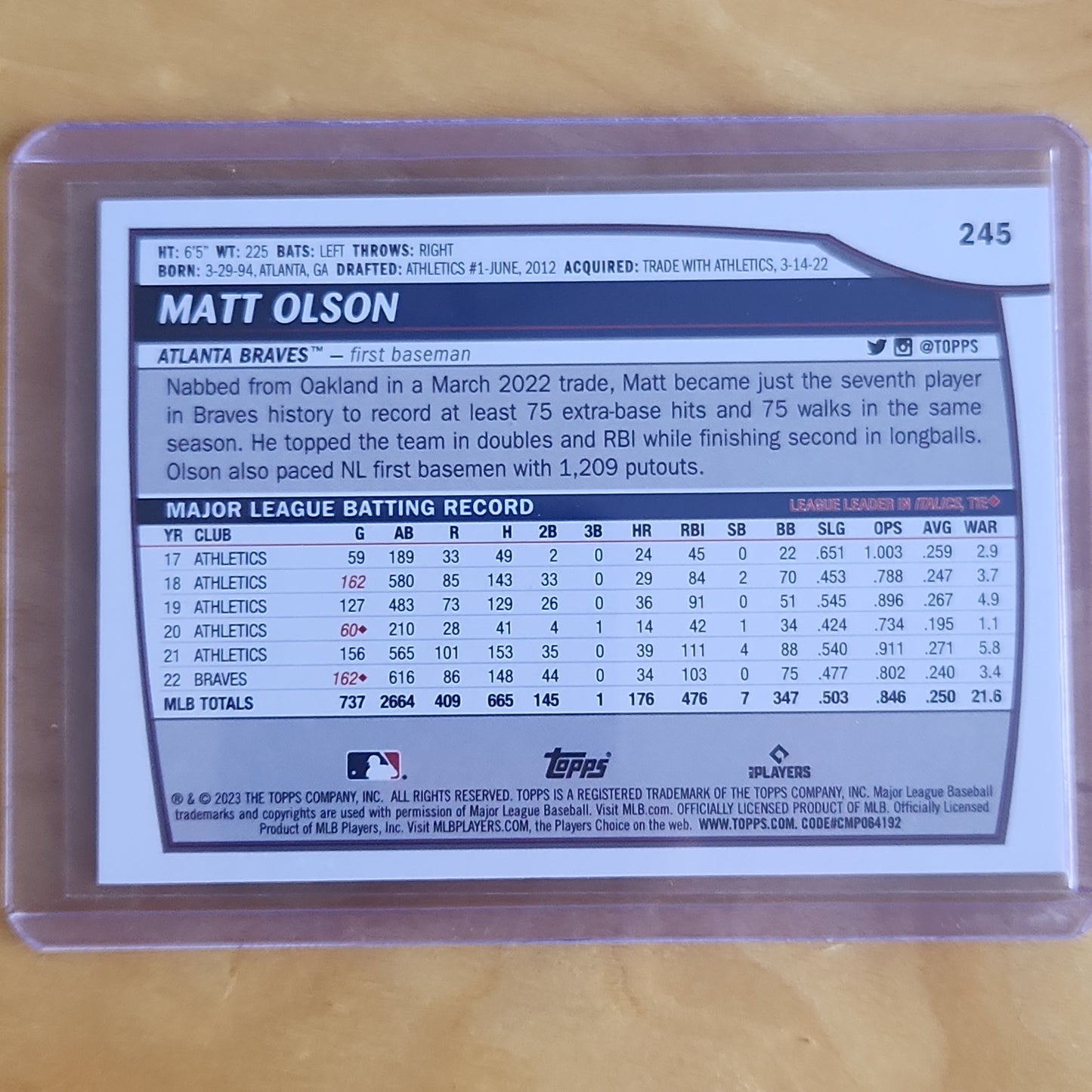 2023 Topps Big League Matt Olson Refractor #245 Atlanta Braves