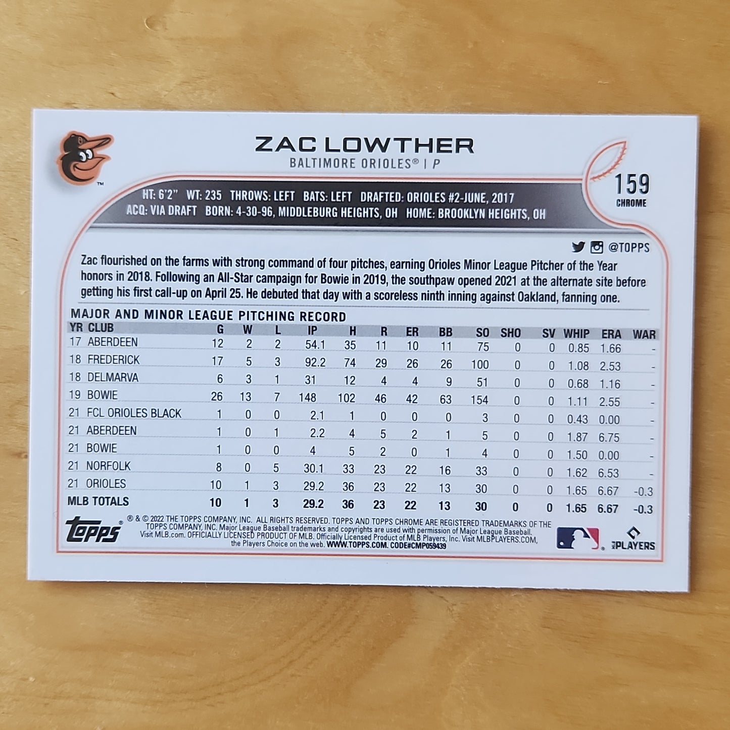 2022 Topps Chrome Zac Lowther Prism Refractor RC #159 Baltimore Orioles