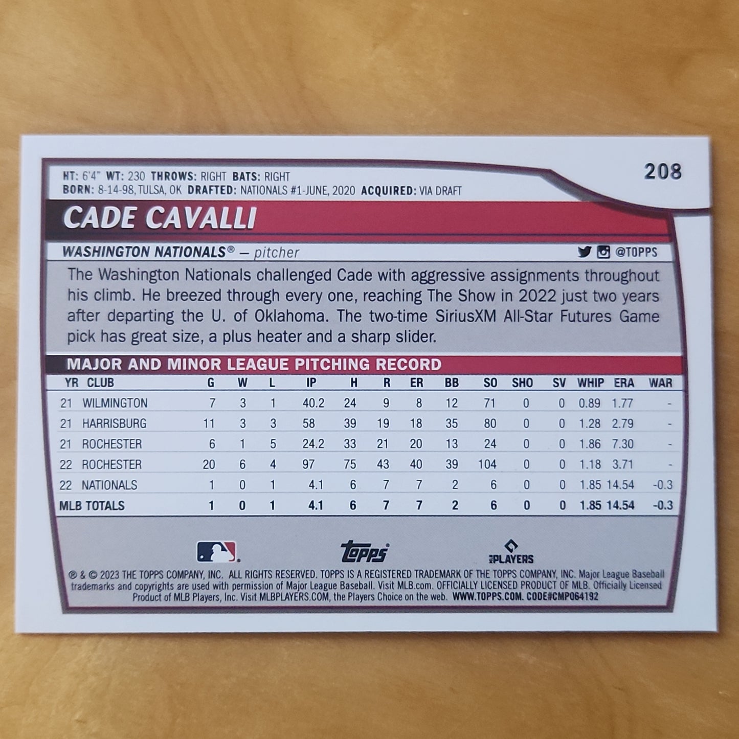 32023 Topps Big League Cade Cavalli Refractor #208 Washington Nationals