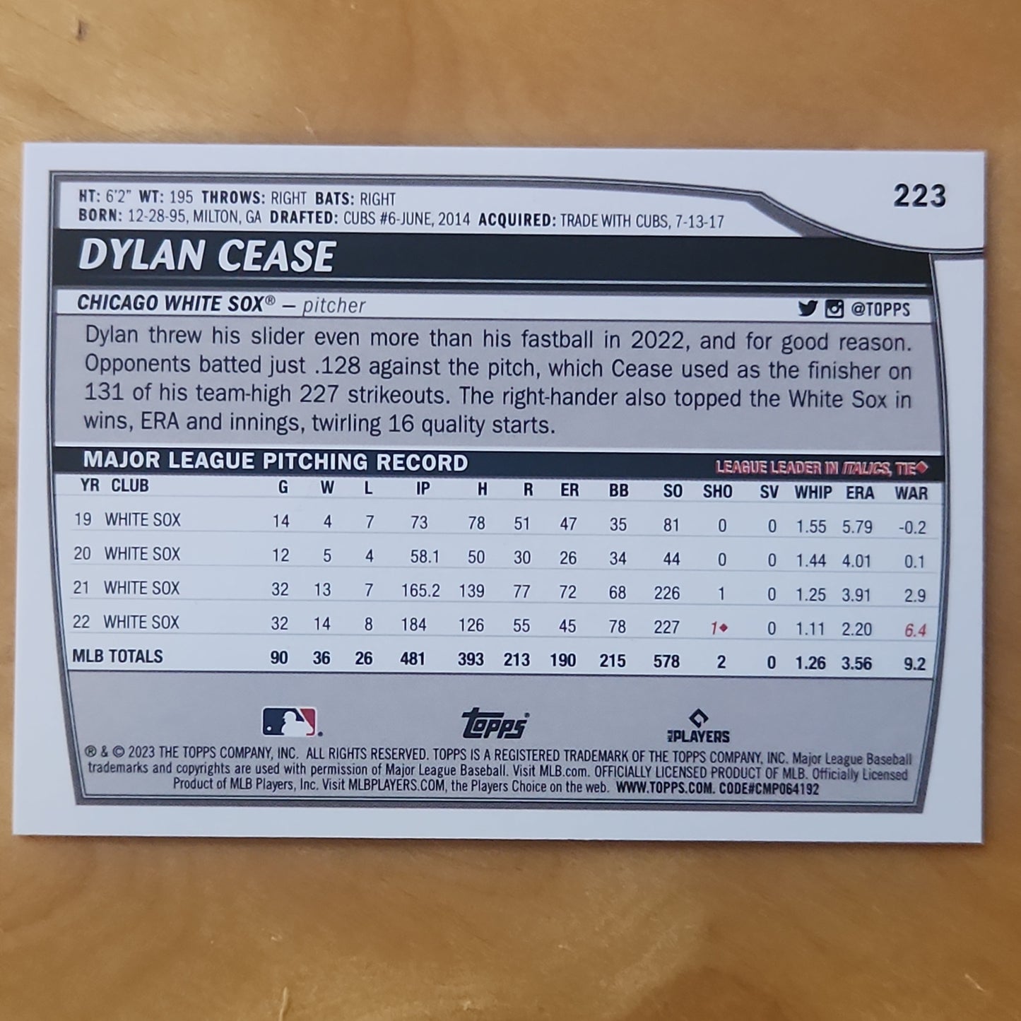2023 Topps Big League Dylan Cease Refractor #223 Chicago White Sox