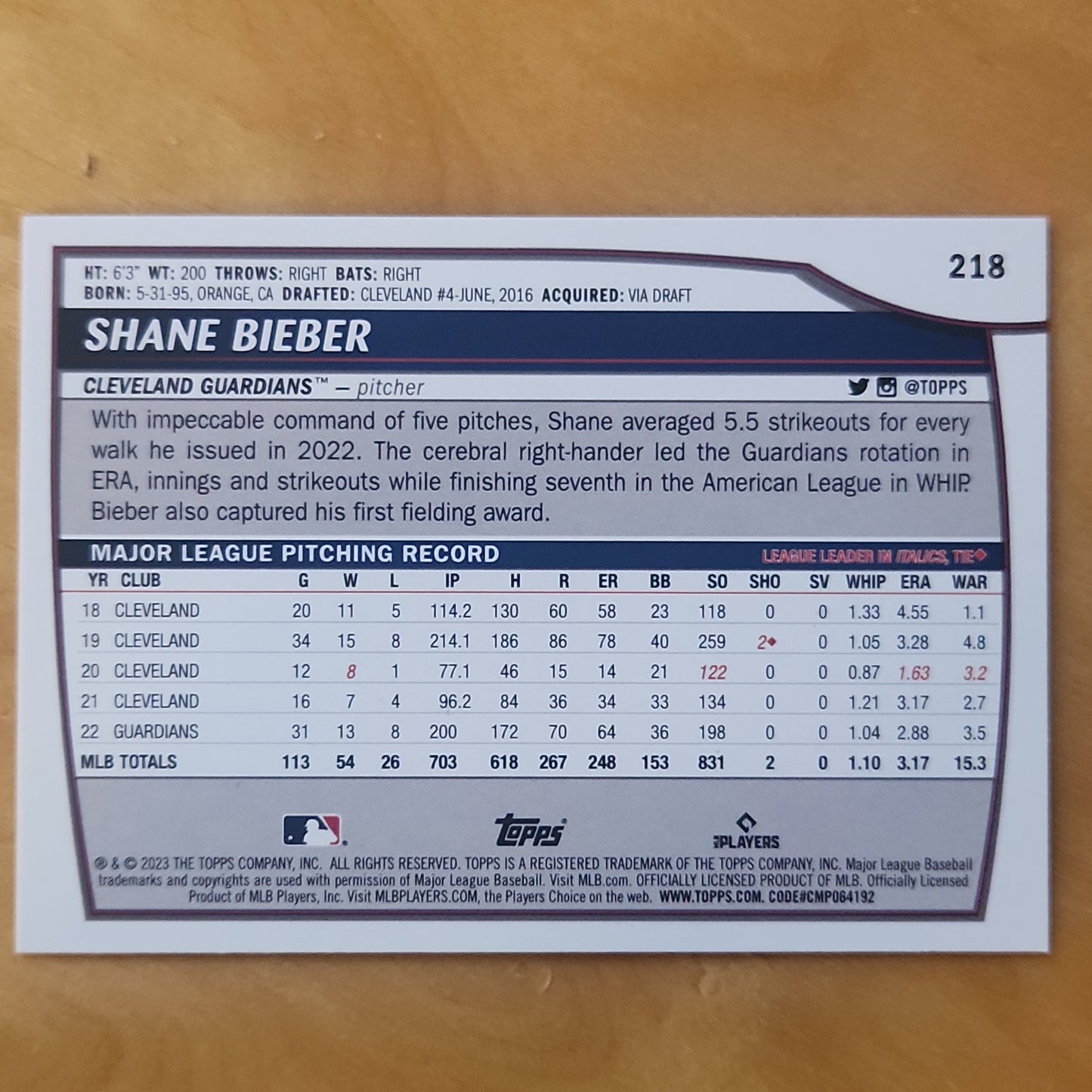 2023 Topps Big League Shane Beiber Refractor #218 Cleveland Guardians