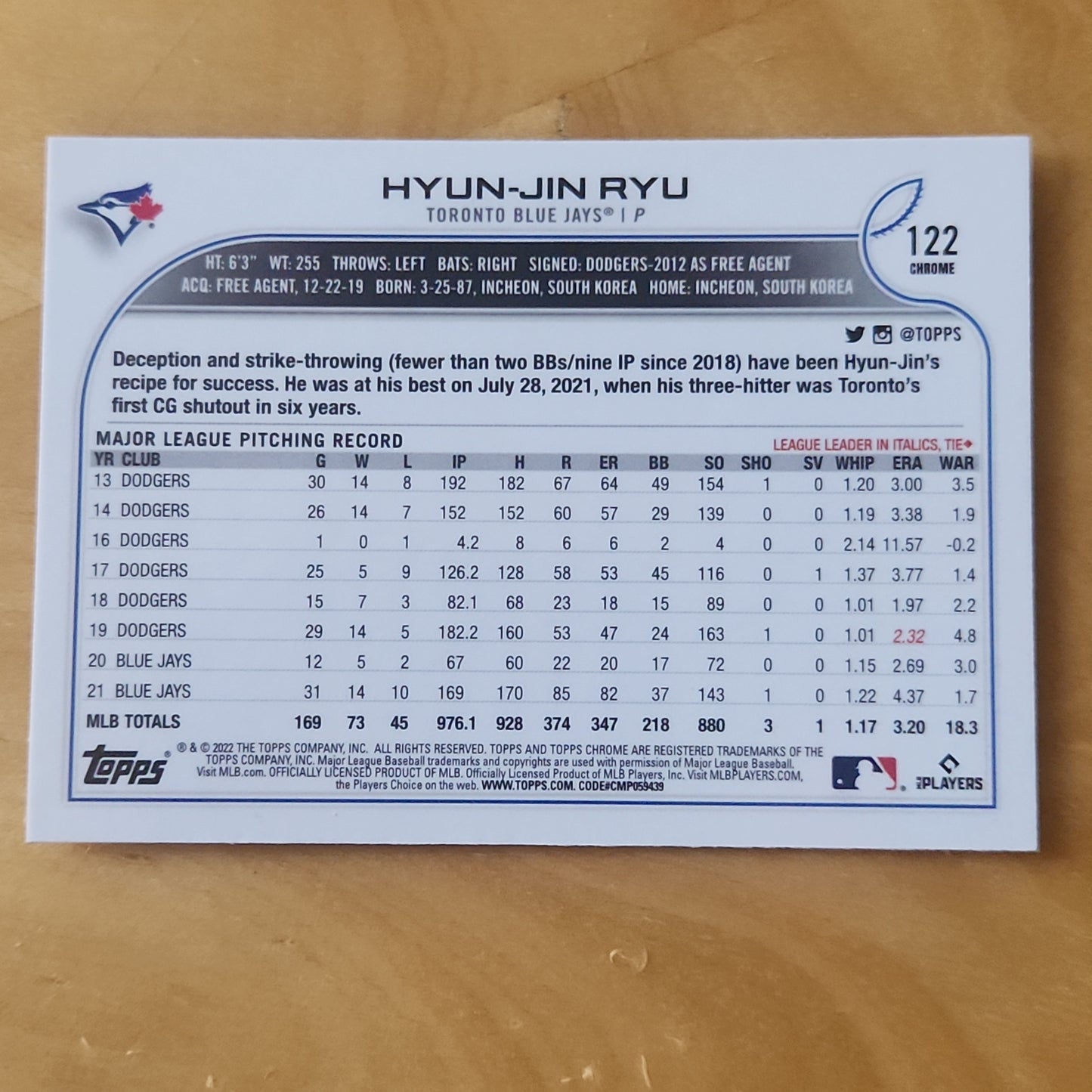2022 Topps Chrome Hyun-Jin Ryu Wave Refractor #122 Toronto Blue Jays