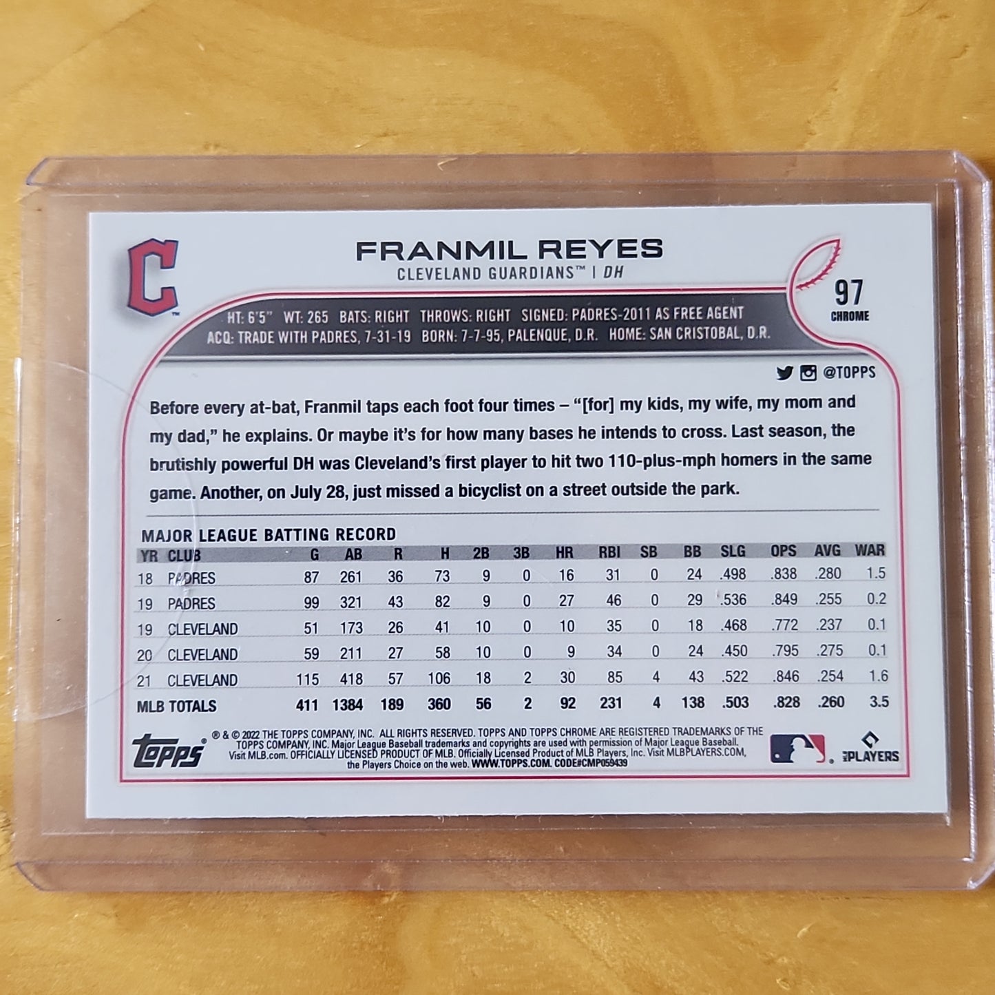 2022 Topps Chrome Franmil Reyes Wave Refractor #97 Cleveland Guardians