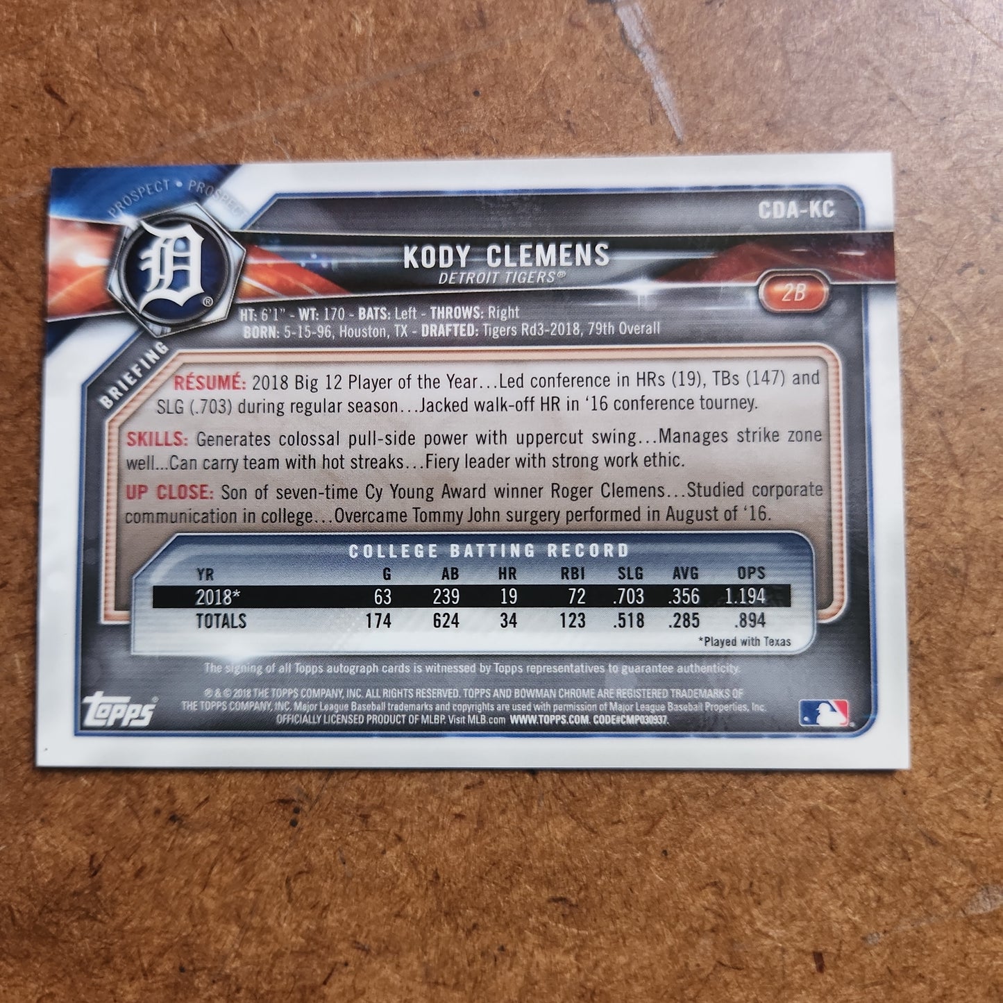 Topps B Chrome 1st Bownman Kody Clemens Purple Parallel Auto 015/250 #CDA-KC