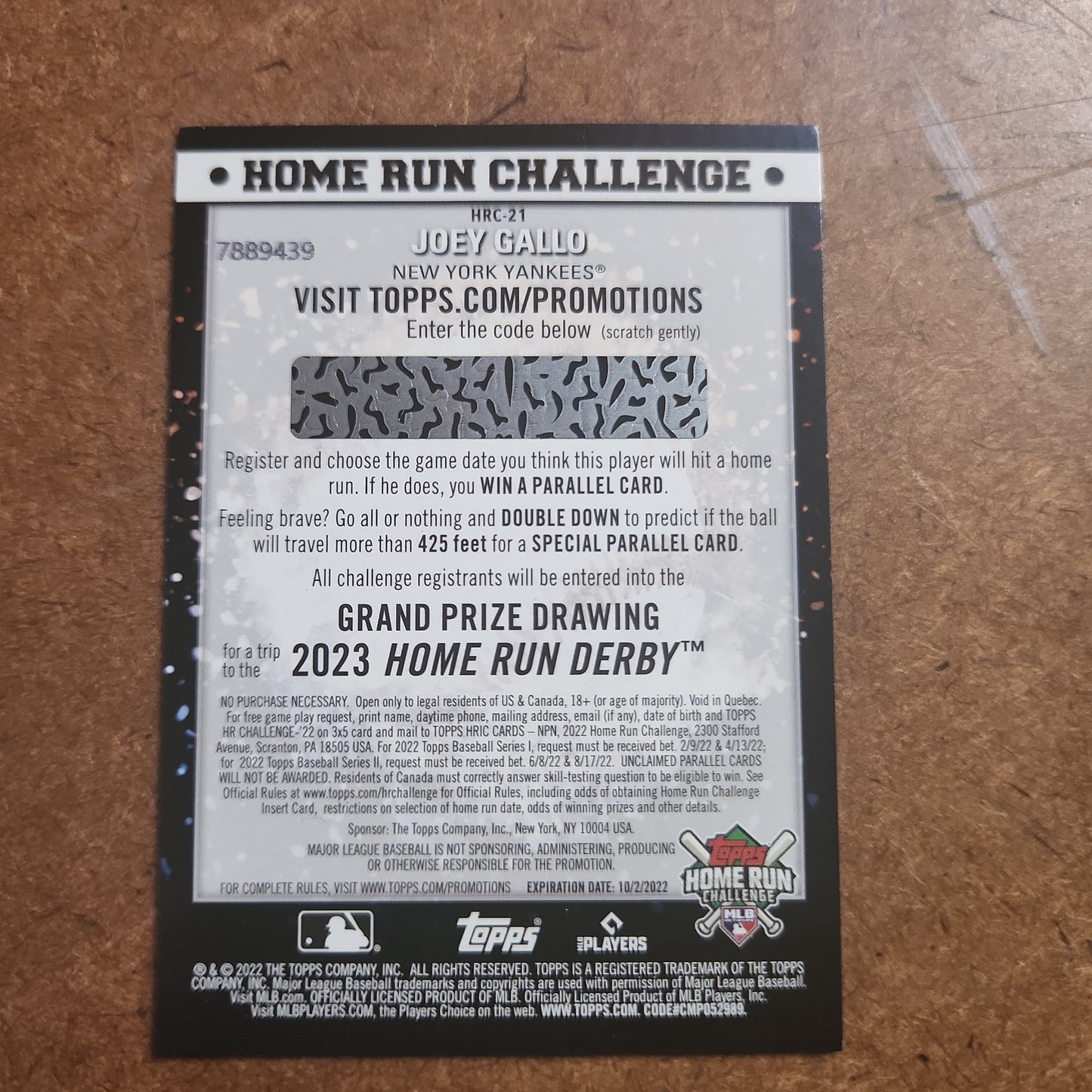 Topps Home Run Challenge Pick The Game Call YourbShote To Won Joey Gallo #7889439