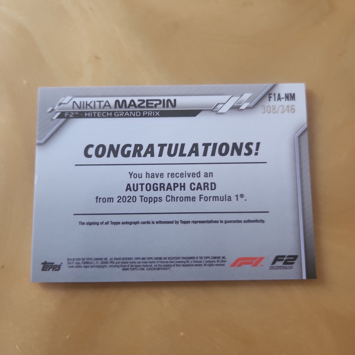 Topps Chrome Hand Written Auto Nikita Mazepin 308/346 #F1A-NM