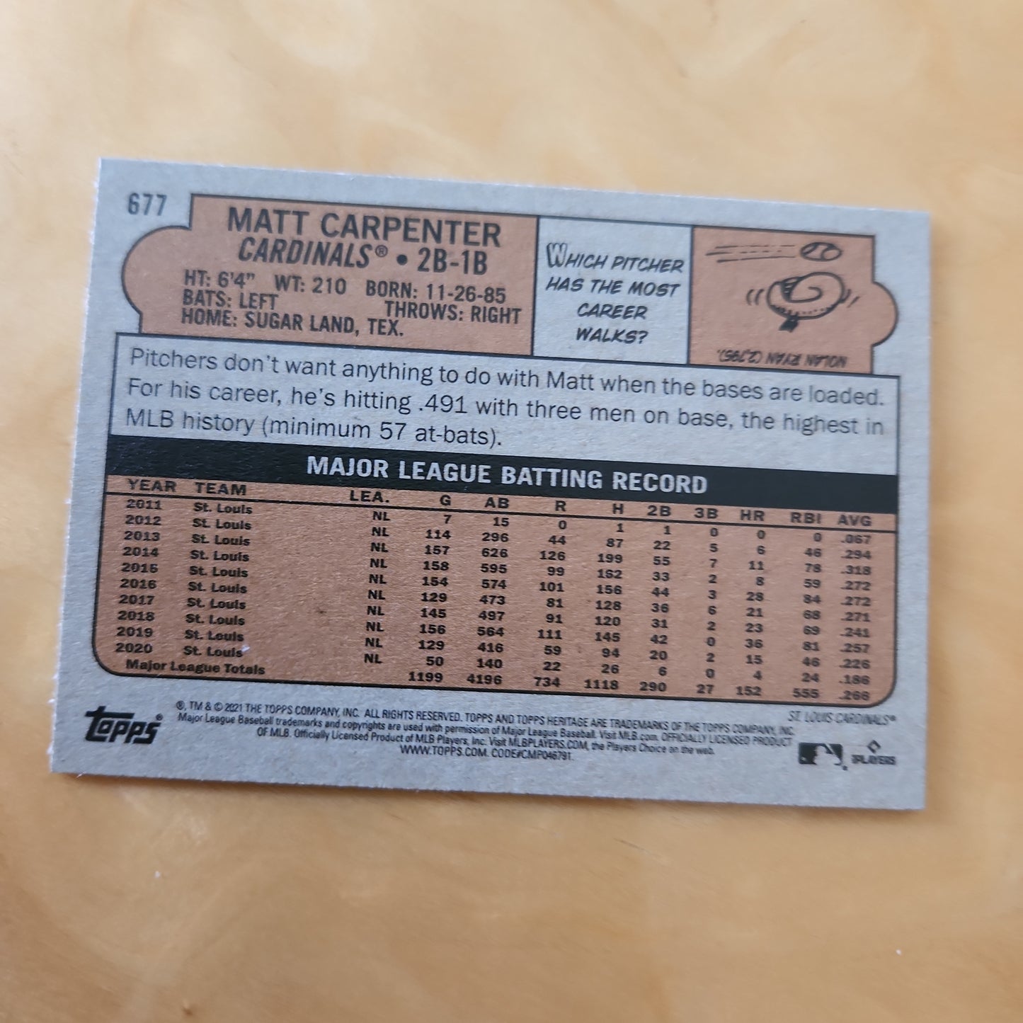 Topps Heritage Purple Parallel Refractor Matt Carpenter #677