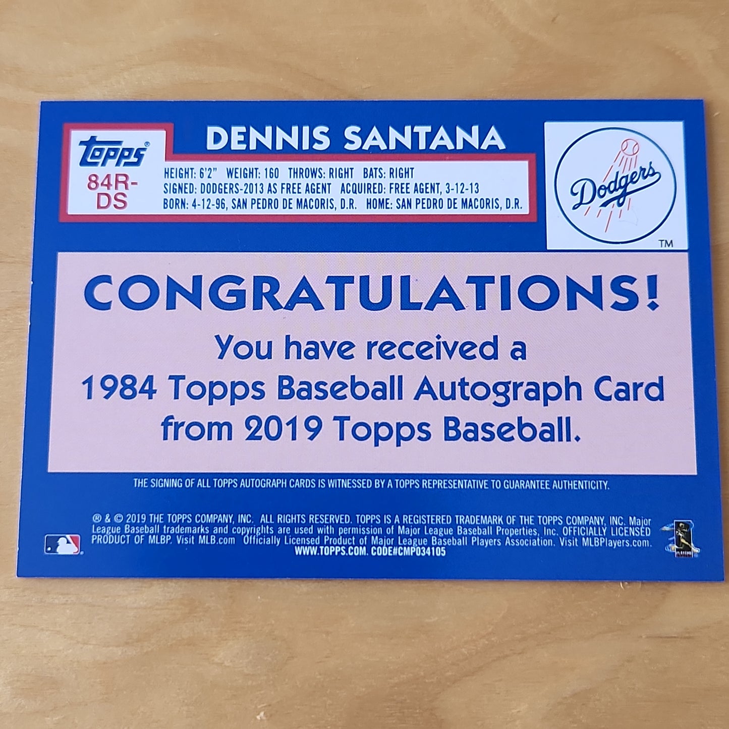 2019 Topps 35th Anniversey Dennis Santana AUTO Rookie #84R-DS