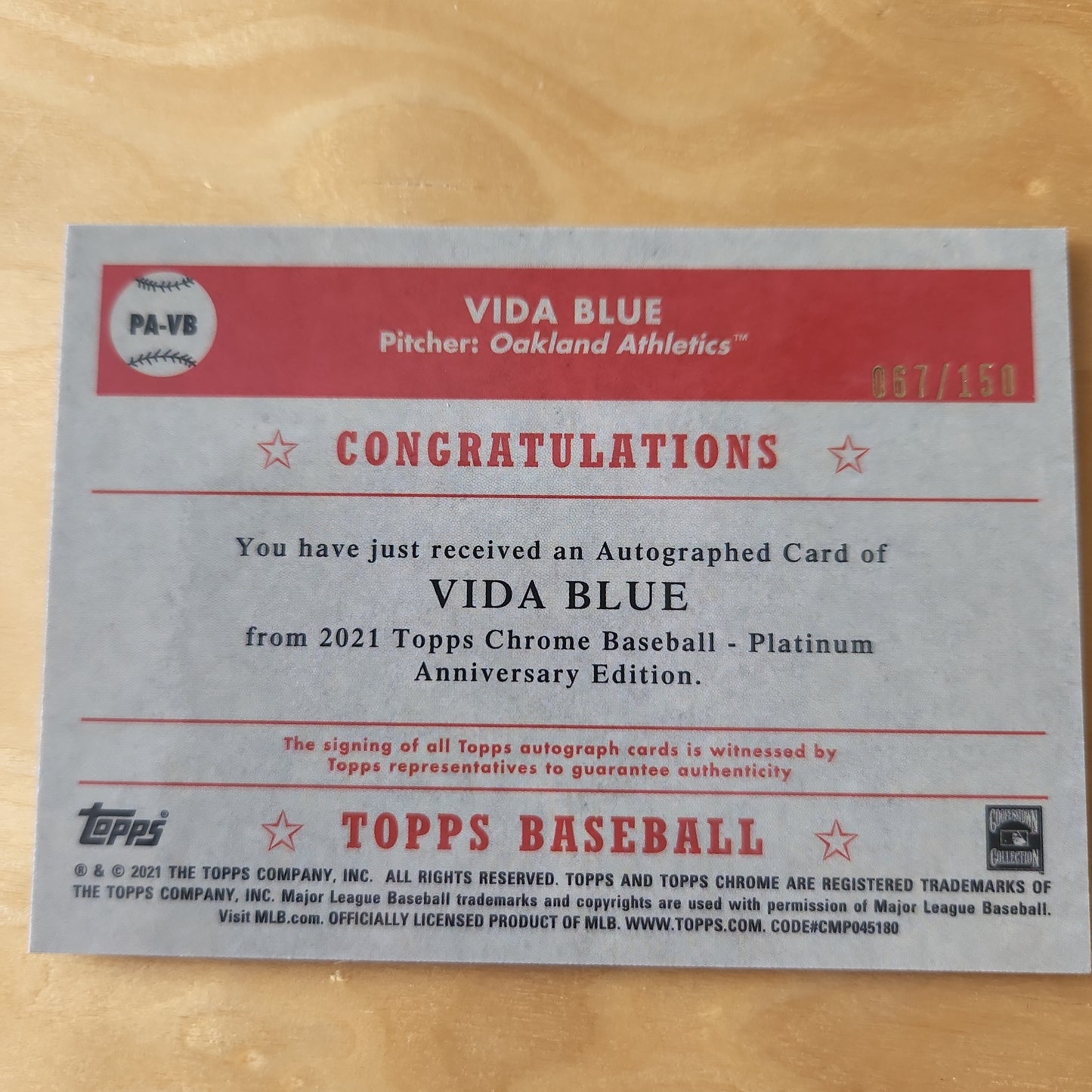 2021 Topps Chrome Vida Blue AUTO aqua refractor 67/150 #PA-VB