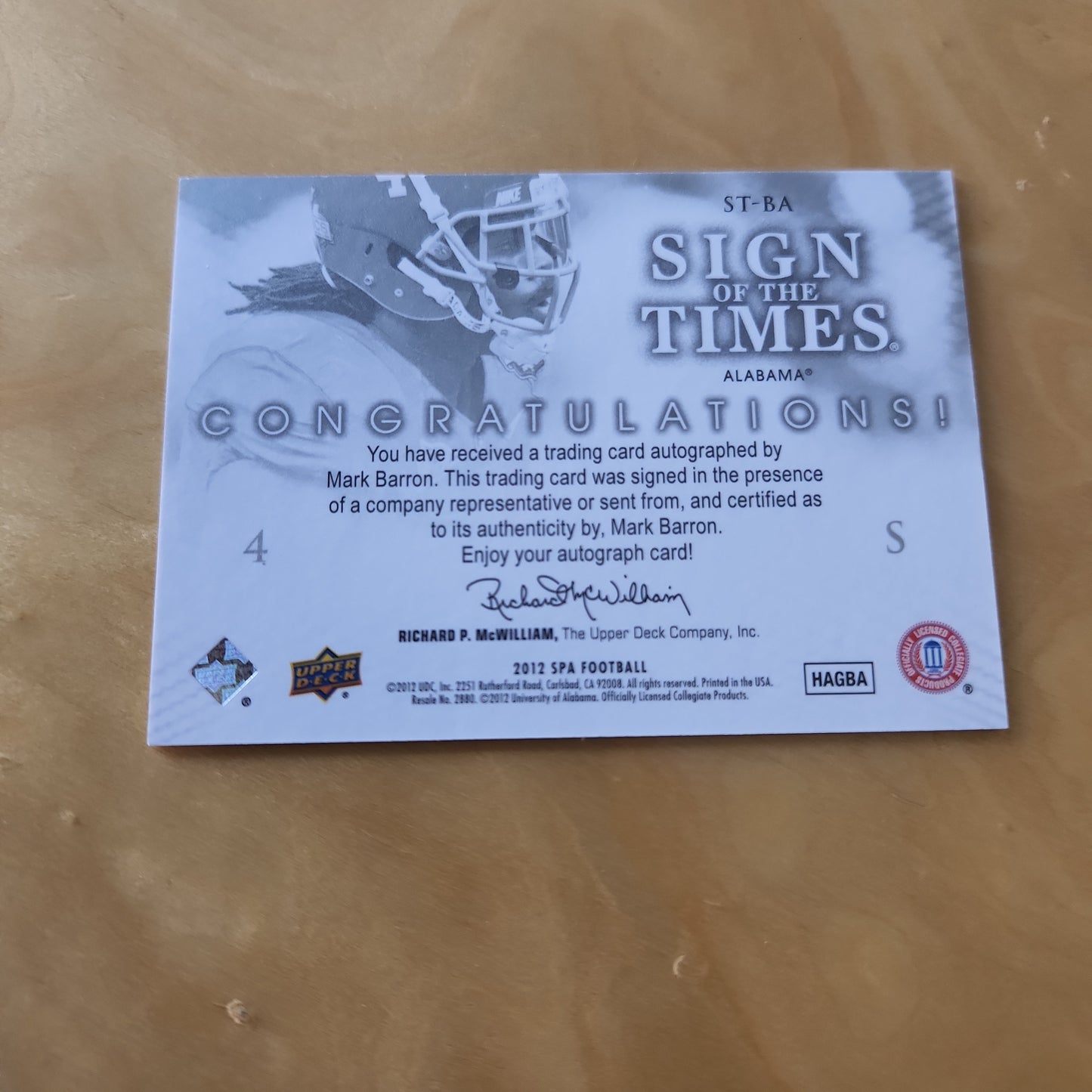 Upper Deck SP Authentic Sign Of The Times Mark Barron Auto #ST-BA