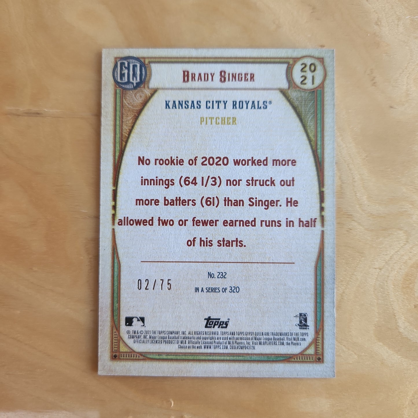 Topps Gypsy Queen RC Brady Singer 2021 02/75 #232 In A Series of 320
