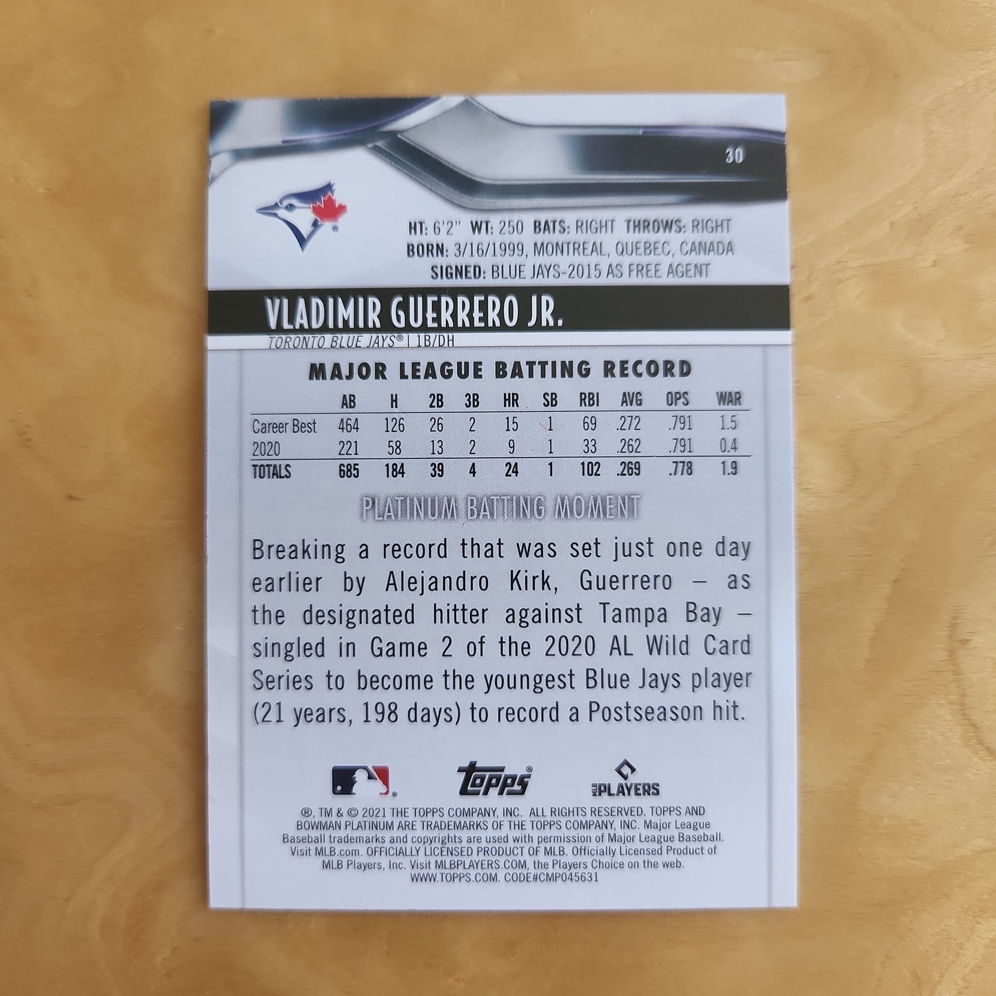 Topps BP MLB Players 1B/DH Vlabimir Guerrero Jr. 060/299 #30