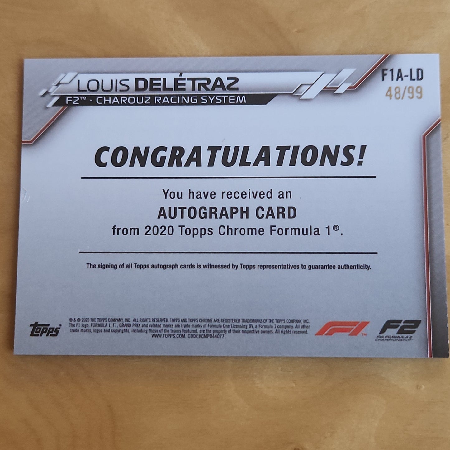 2020 Topps Chrome F1 Louis Deletraz AUTO #F1A-LD Green refractor 48/99