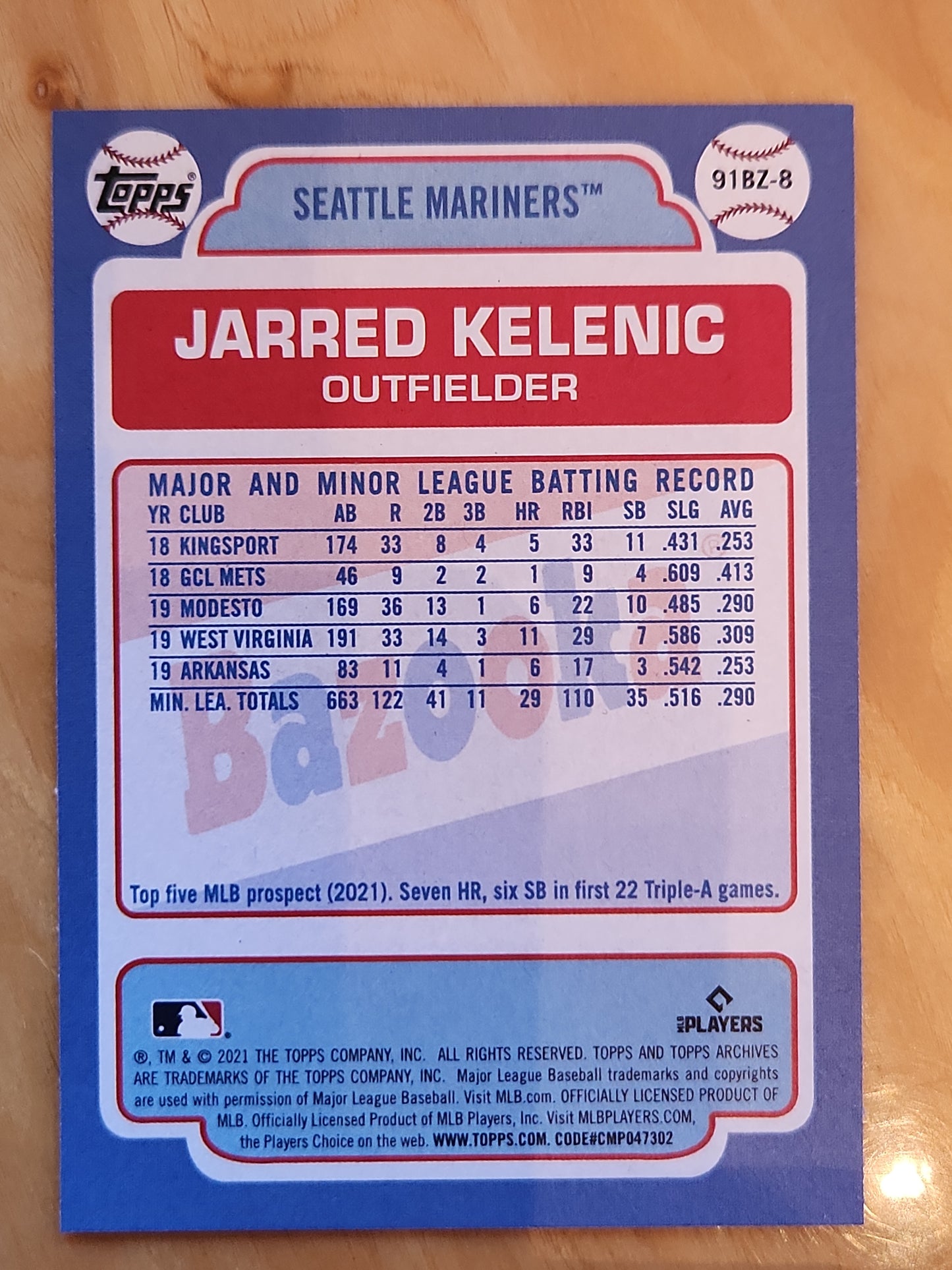 2021 Topps 70 Years of Baseball Shining Star Bazooka Jarred Kelenic #91BZ-B