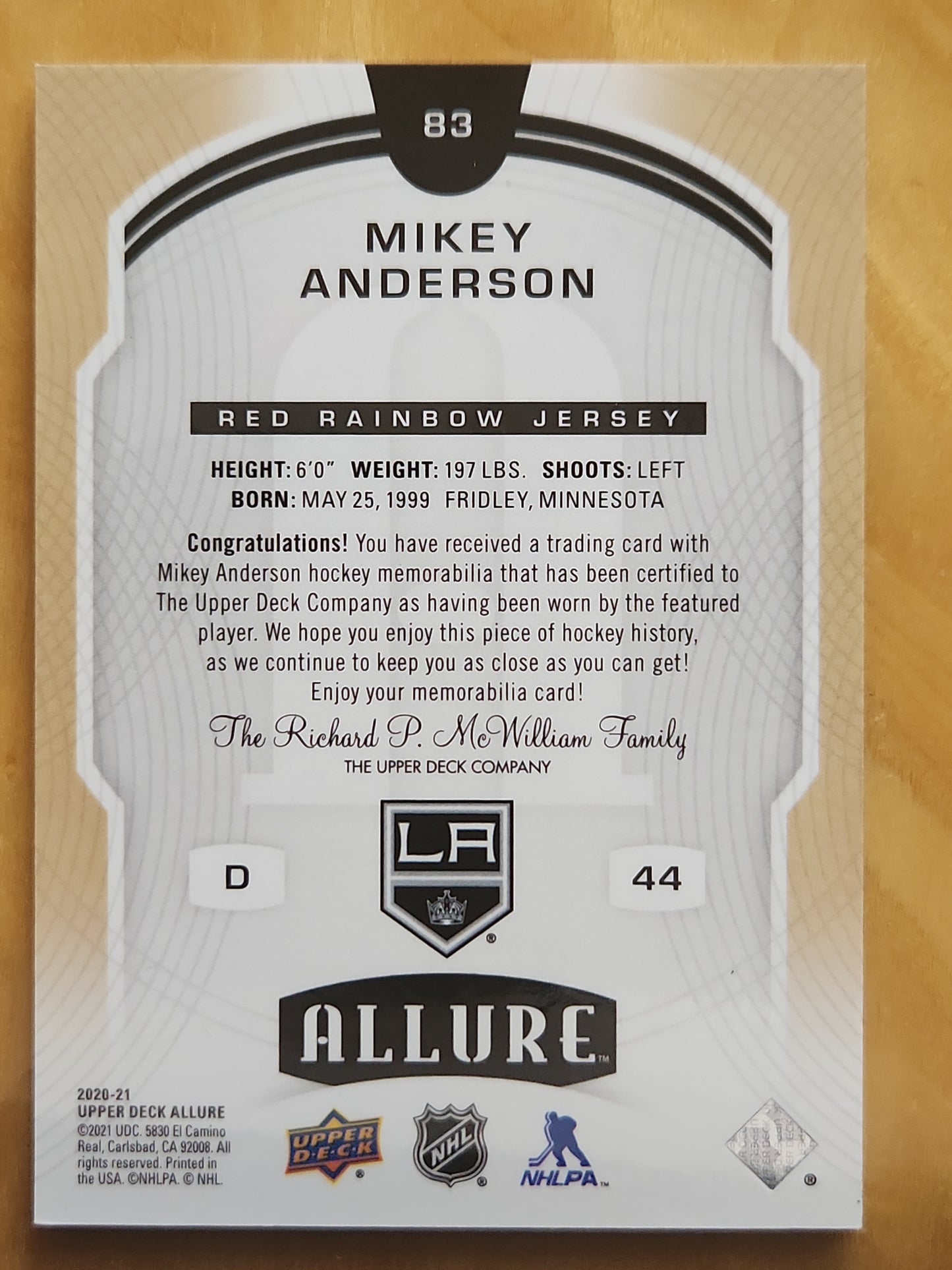 2020-21 Upper Deck Allure Mikey Anderson RC #83 Red Rainbow Jersey
