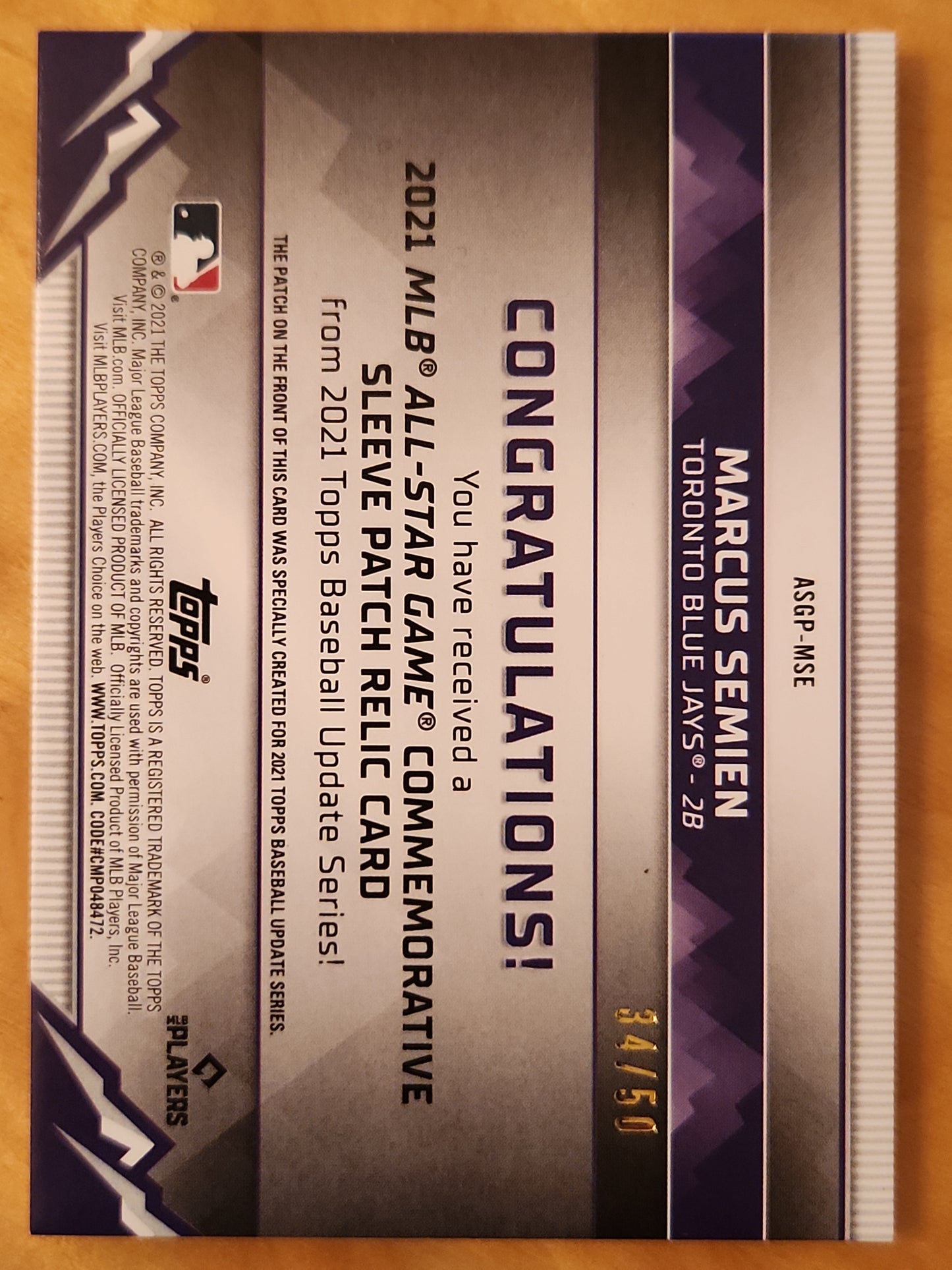 2021 Topps Update series All Star Game Marcus Semiem Relic #ASGP-MSE Gold 34/50