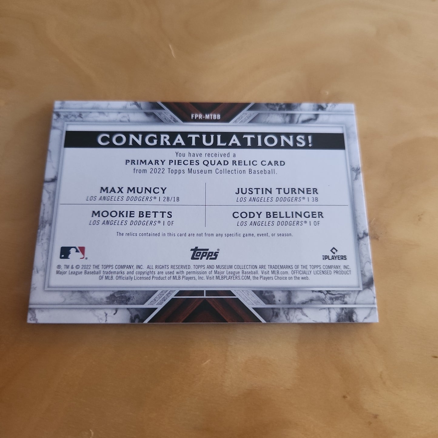 Topps Game Used Memorabila Quad Relic Card Max Muncy, Justin Turner, Mookie Betts, Cody Bellinger Jersey Patch, and Piece of Bat 62/75 #FPR-MTBB
