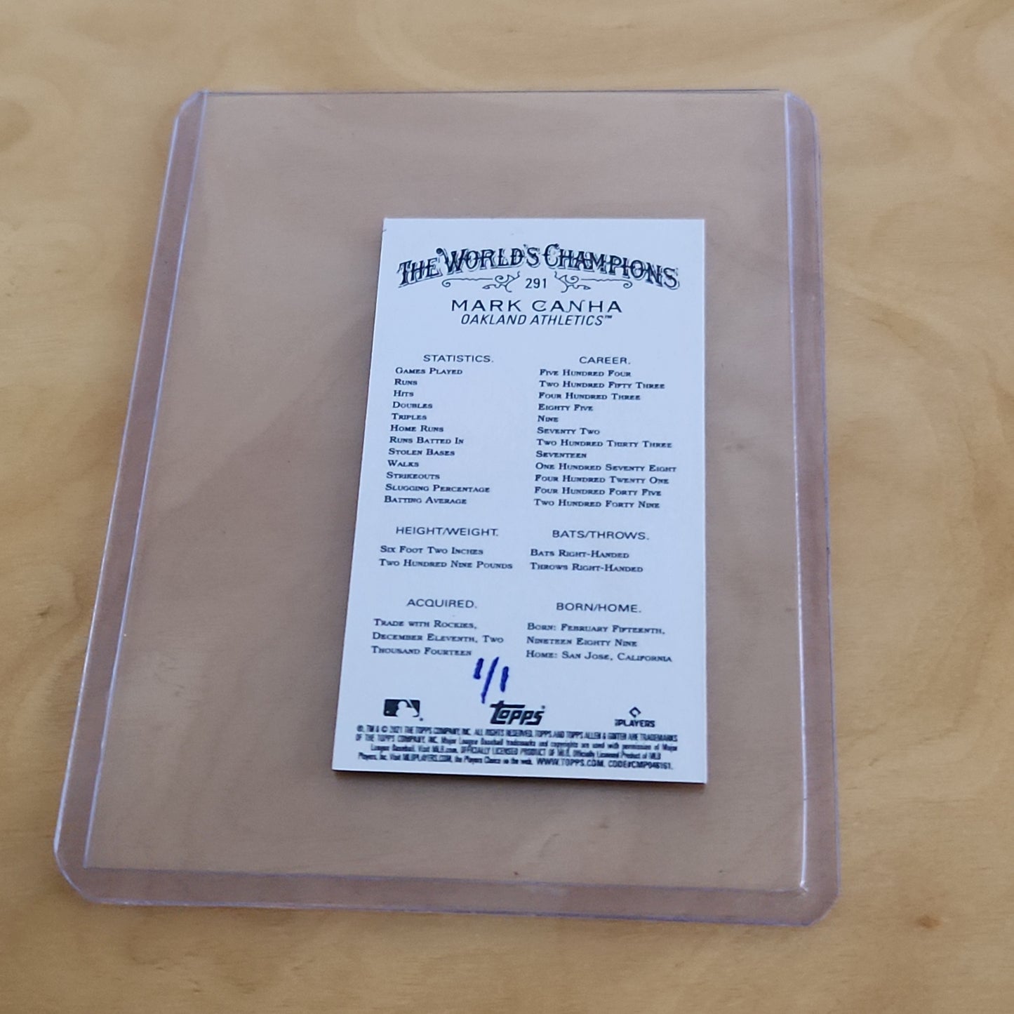 Topps The World Chapione Allen & Ginter Mini Shaved Bat Wood Mark Canha 1/1 #291