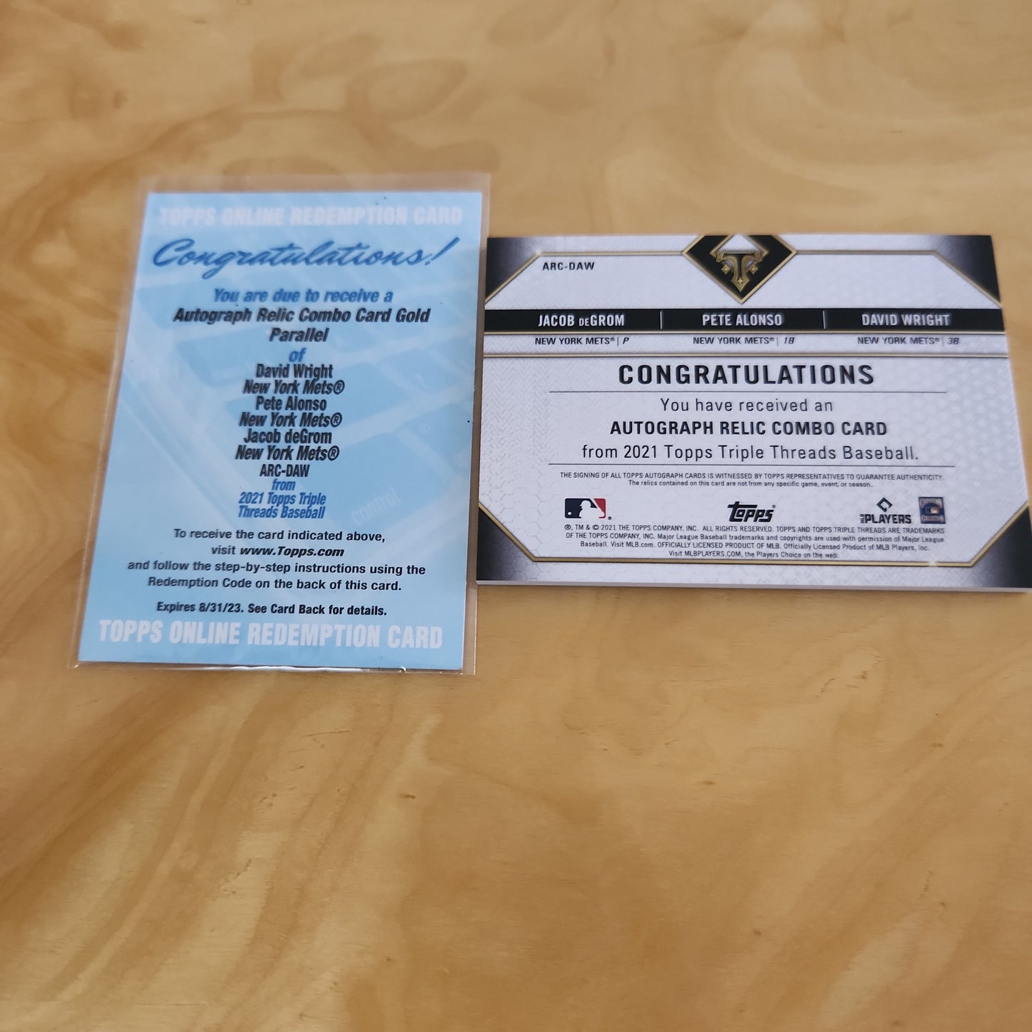 Topps Redemtion Card Redemend Topps Certified Triple Jersey Relic Auto Jacob DeGrom, Pete Alonso, And David Wright 1/9 #ARC-DAW