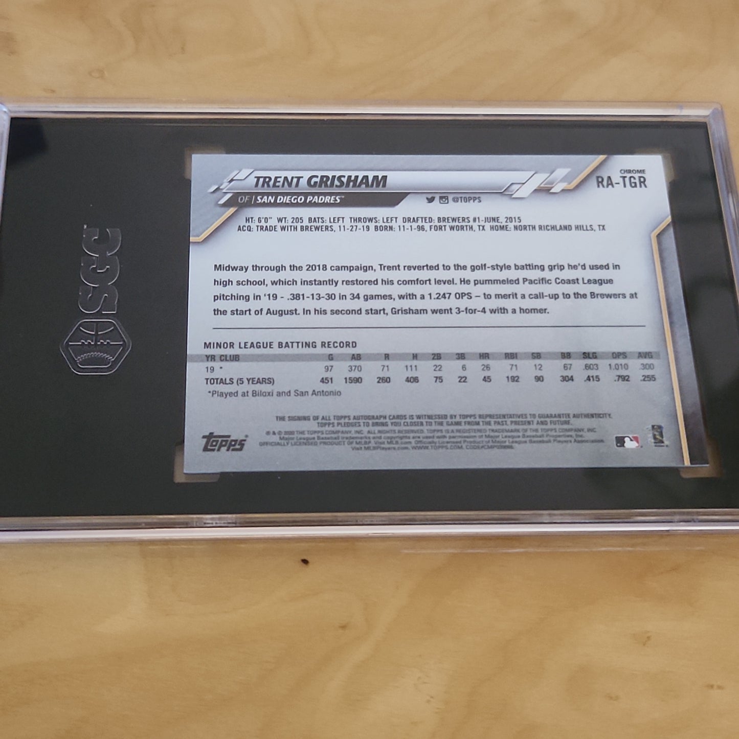 Graded SGC 9.5 Mint Topps Chrome Trent Grisham Graded RC Auto 10 #RA-TGR
