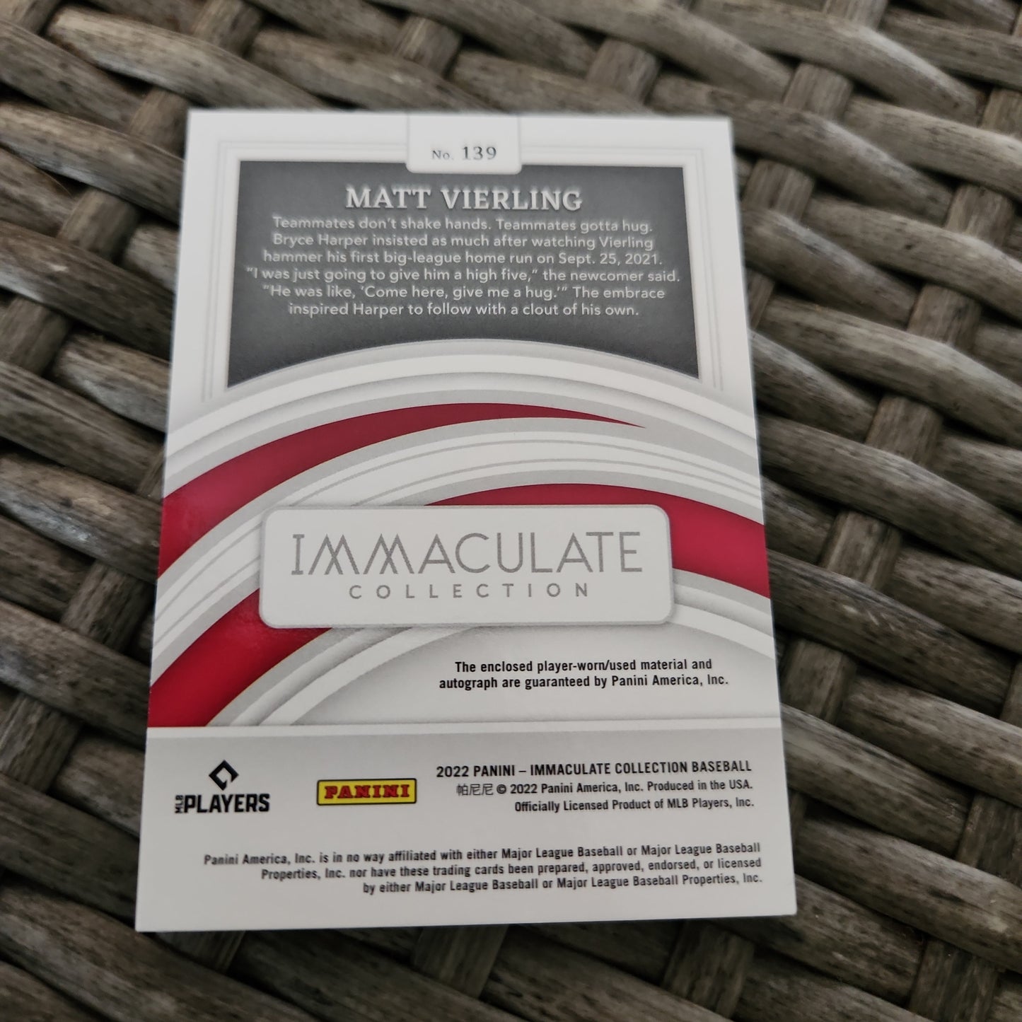 Panini Immaculate Red Parallel Matt Vierling Jersey Patch Auto 23/49 #139
