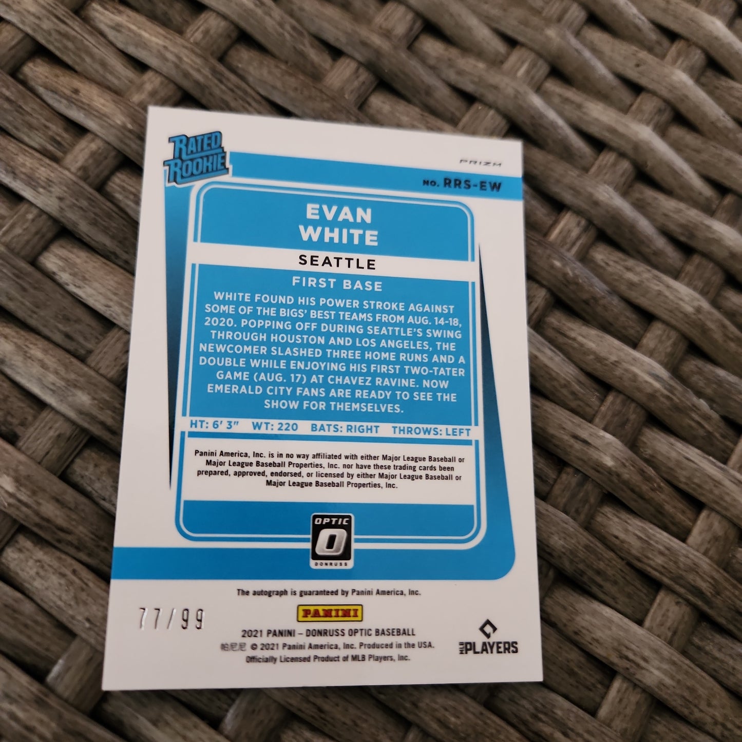 Panini Prizm Optic Blue Parallel Rated Rookie Evan White RC Auto 77/99 #RRS-EW