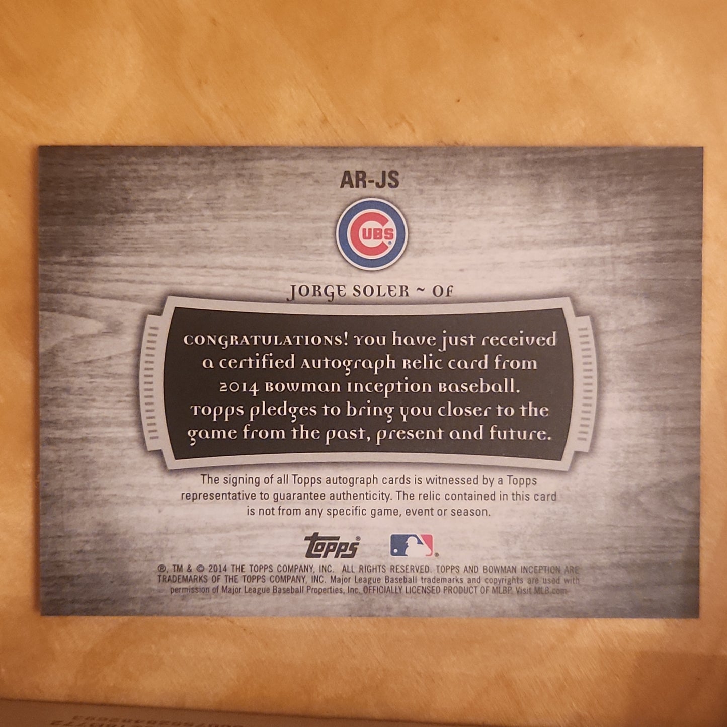 JORGE SOLER  2014 Bowman Inception ROOKIE PATCH AUTO / Chicago Cubs #AR-JS