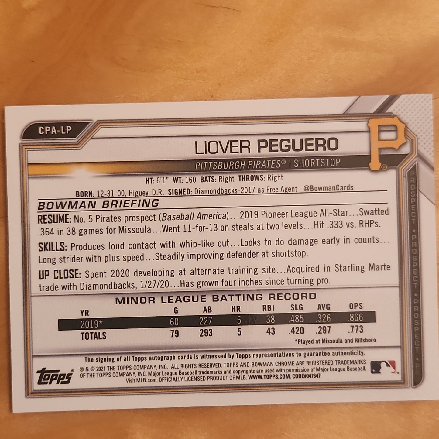 Liover Peguero 2021 Bowman Chrome Speckle Refractor Auto 232/299 #CPA-LP