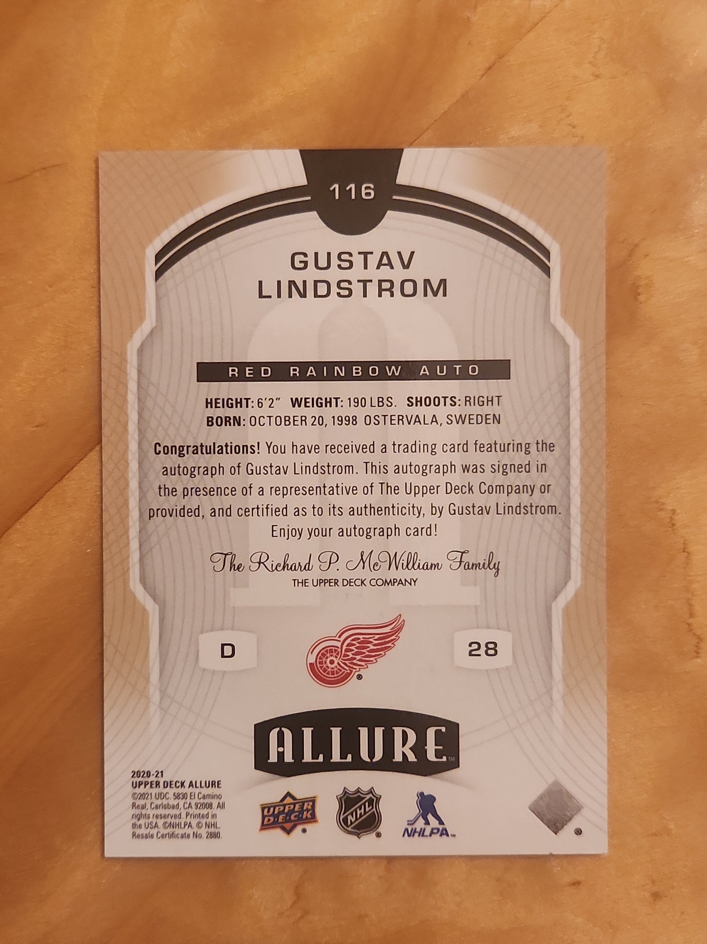 2020-21 Upper Deck Allure Gustav Lindstrom Red Rainbow RC Rookie Auto #116