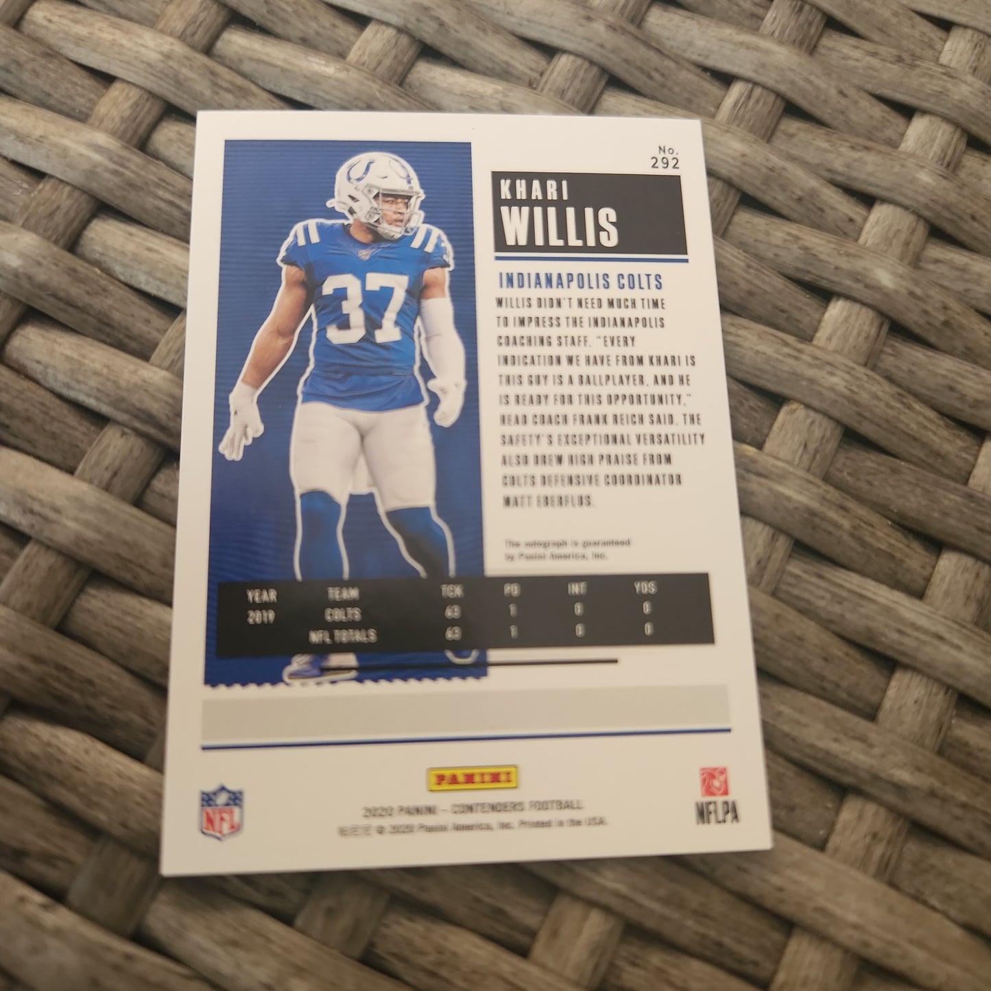 Panini Contenders Football Rookie Ticket Khari Willis Auto #292