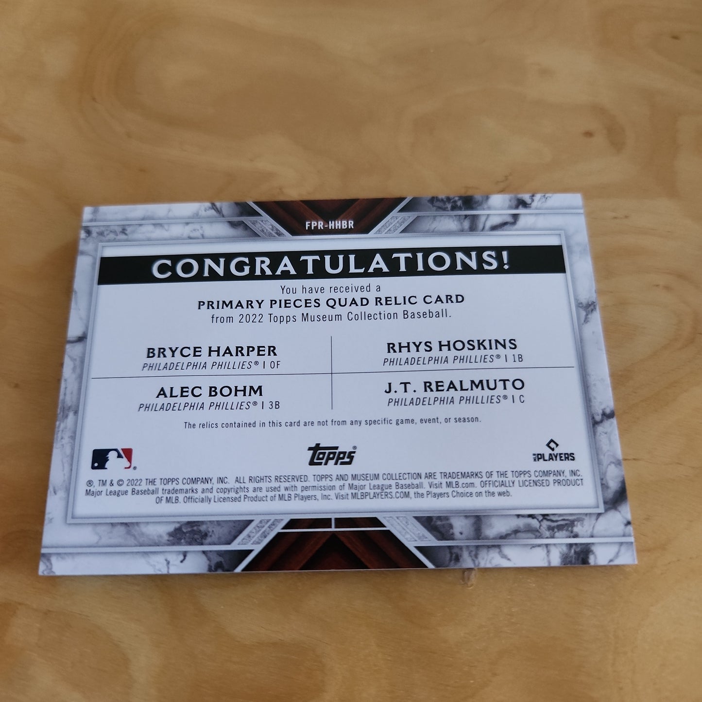 Topps Quadroopal Relic Bryce Harper, Rhys Hoskins, Alec Bohm, J.T. Realmuto #FPR-HHBR