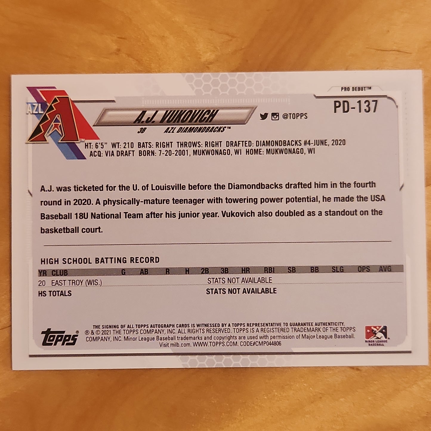 A.J. Vukovich 2021 Topps 1st Pro Debut Auto Card #PD-137 Arizona Diamondbacks