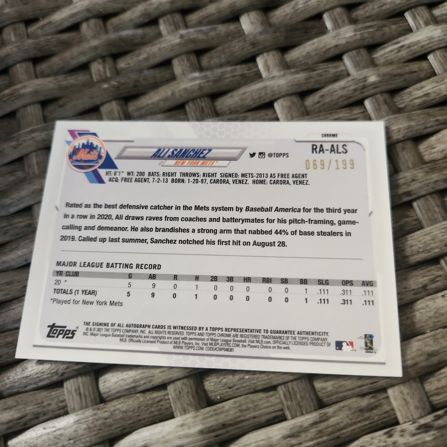 Topps Chrome Green Parallel Ali Sanchez RC Auto 059/199 #RA-ALS