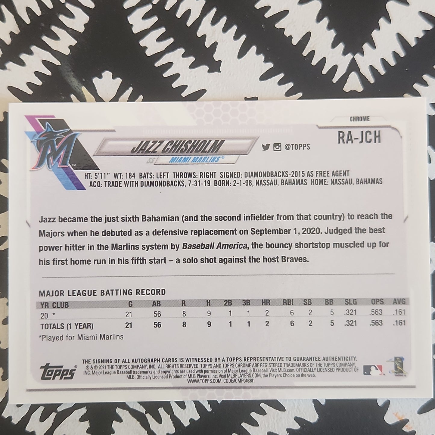 2021 JAZZ CHISHOLM Topps Chrome On Card Auto Rookie RC RA-JCH Marlins