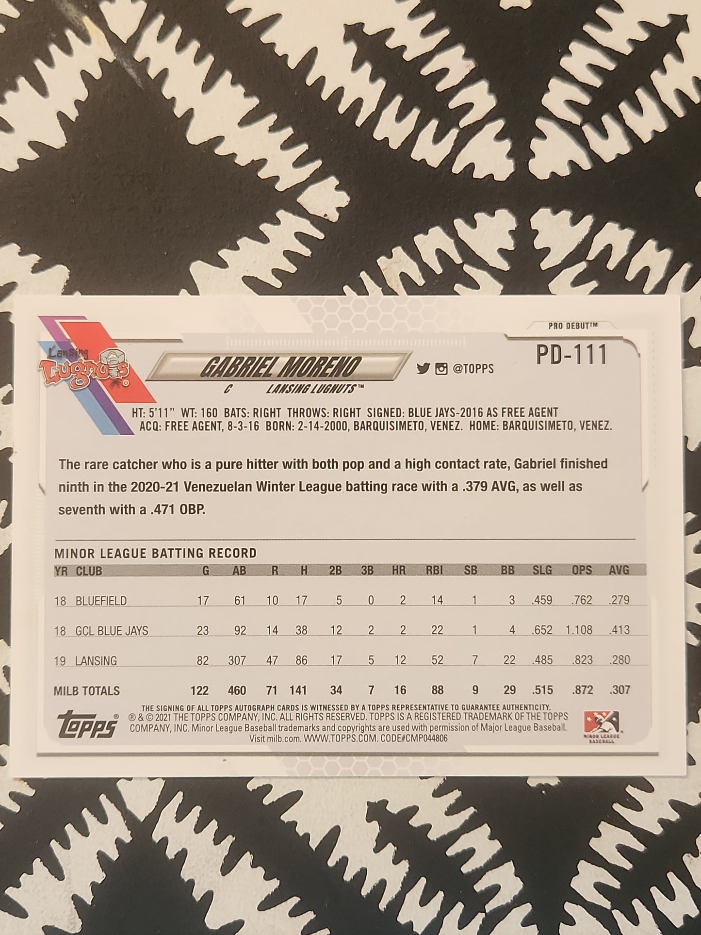 Gabriel Moreno 2021 Topps Pro Debut Prospect Auto #PD-111 Blue Jays