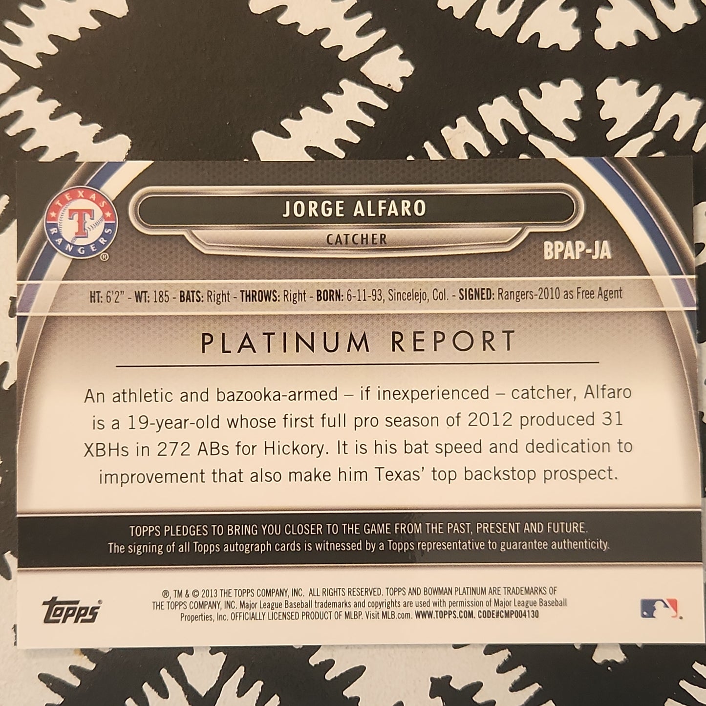 2013 Bowman Platinum Auto Prospects Jorge Alfaro #BPAP-JA Auto