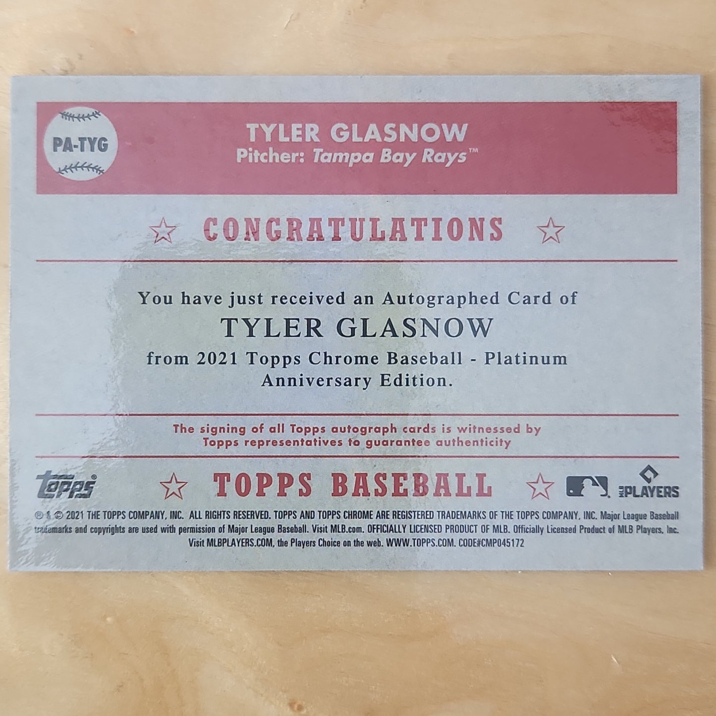 Tyler Glasnow 2022 TOPPS PLATINUM ANNIVERSARY AUTO #PA-TYG TAMPA BAY RAYS!
