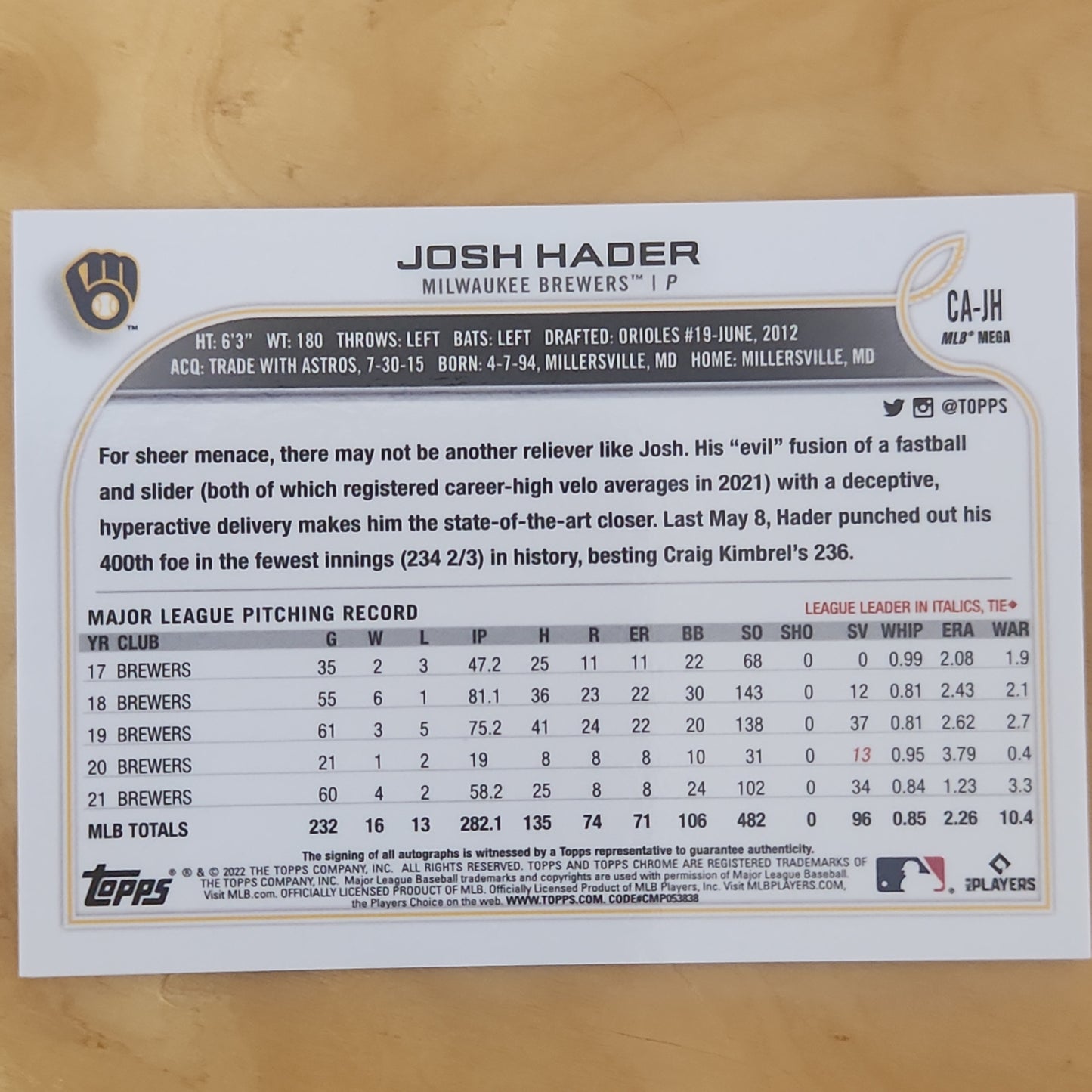 2022 Topps Chrome Josh Hader Logofractor Auto Autograph #CA-JH Brewers (A) V309