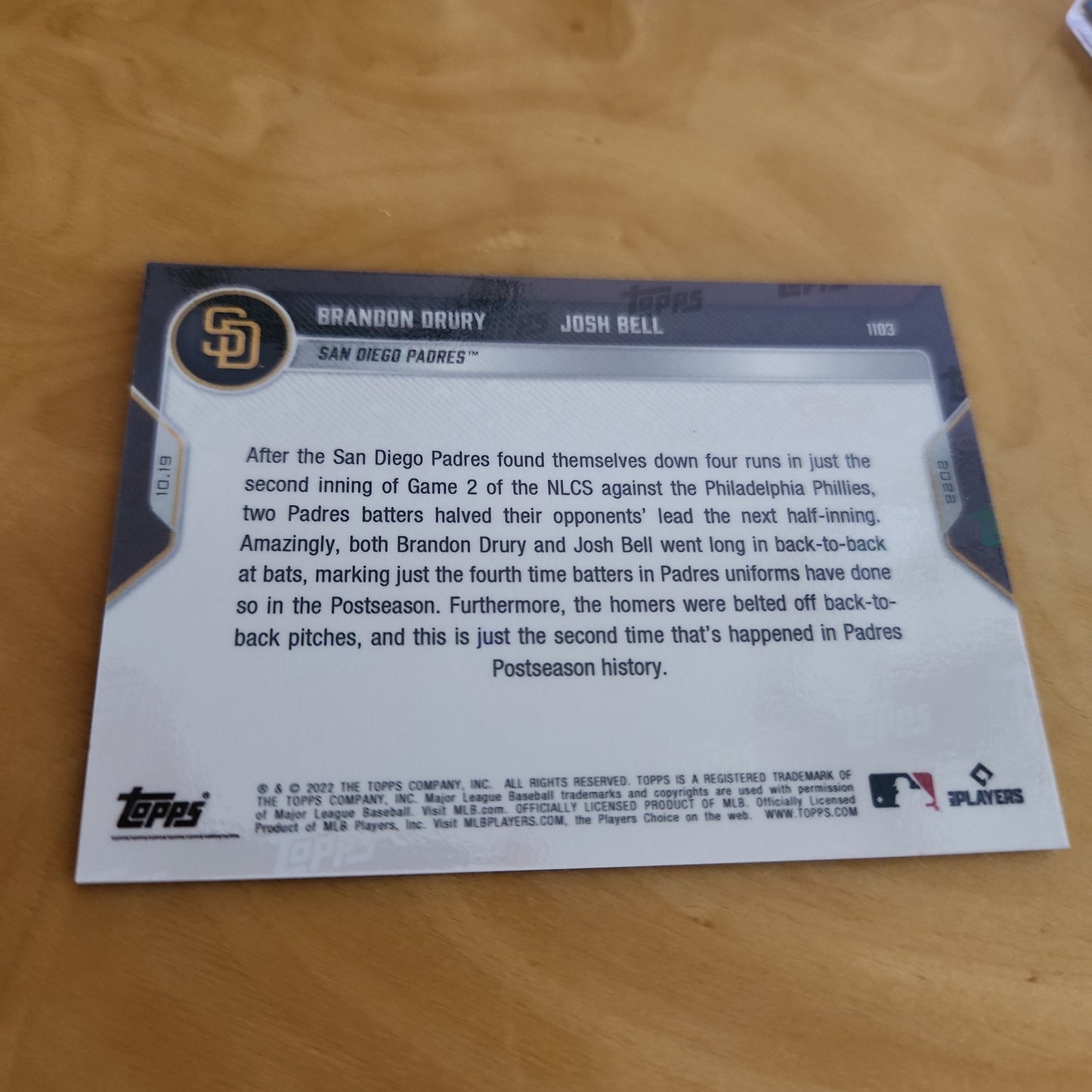 Topps Now NLCS Purple Parallel 23/25 Duo Brandon Drury & Josh Bell #1103