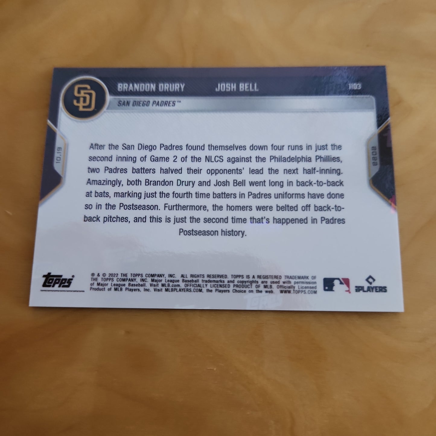 Topps Now NLCS Blue Parallel 09/49 Duo Brandon Drury & Josh Bell #1103