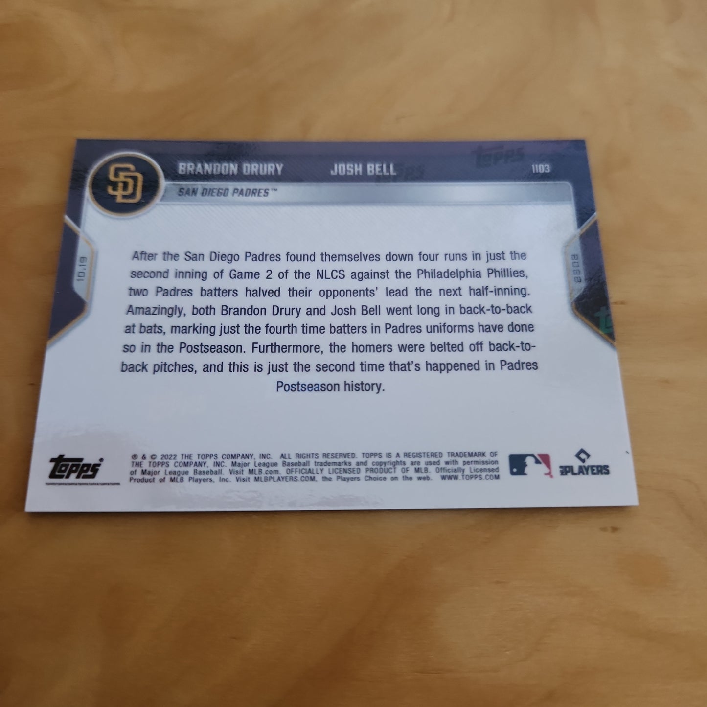 Topps Now NLCS Blue Parallel 33/49 Duo Brandon Drury & Josh Bell #1103