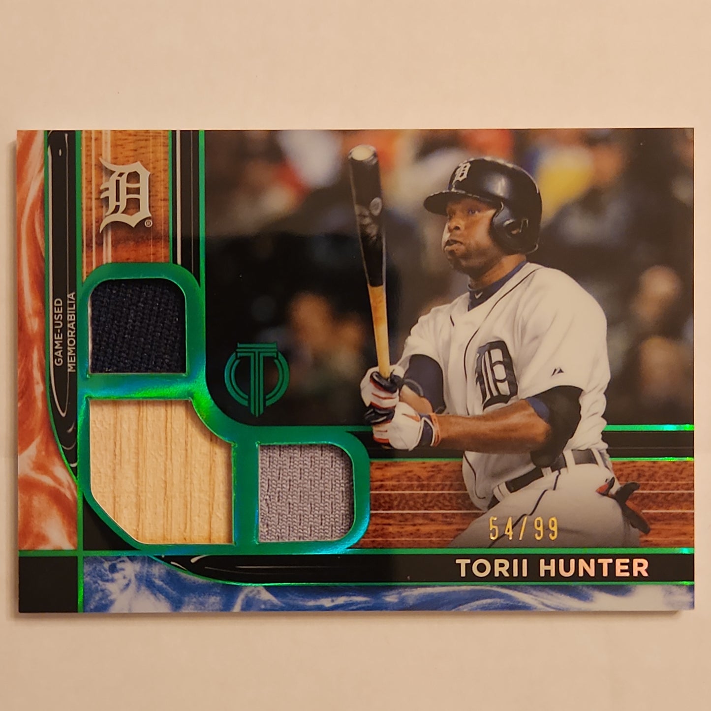 Torii Hunter 2022 Topps Tribute Triple Relic Game Used Green 54/99 Twins Tigers