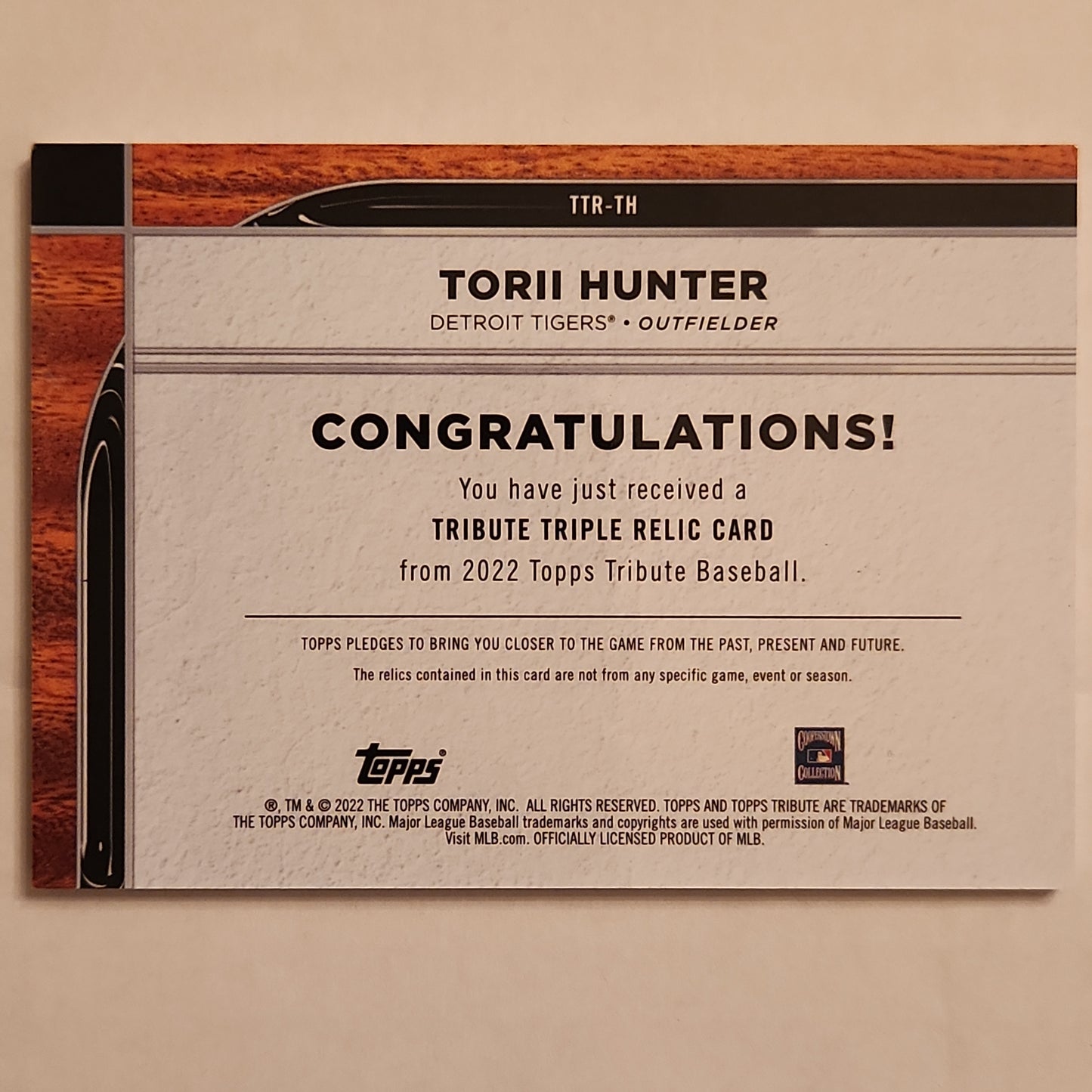 Torii Hunter 2022 Topps Tribute Triple Relic Game Used Green 54/99 Twins Tigers