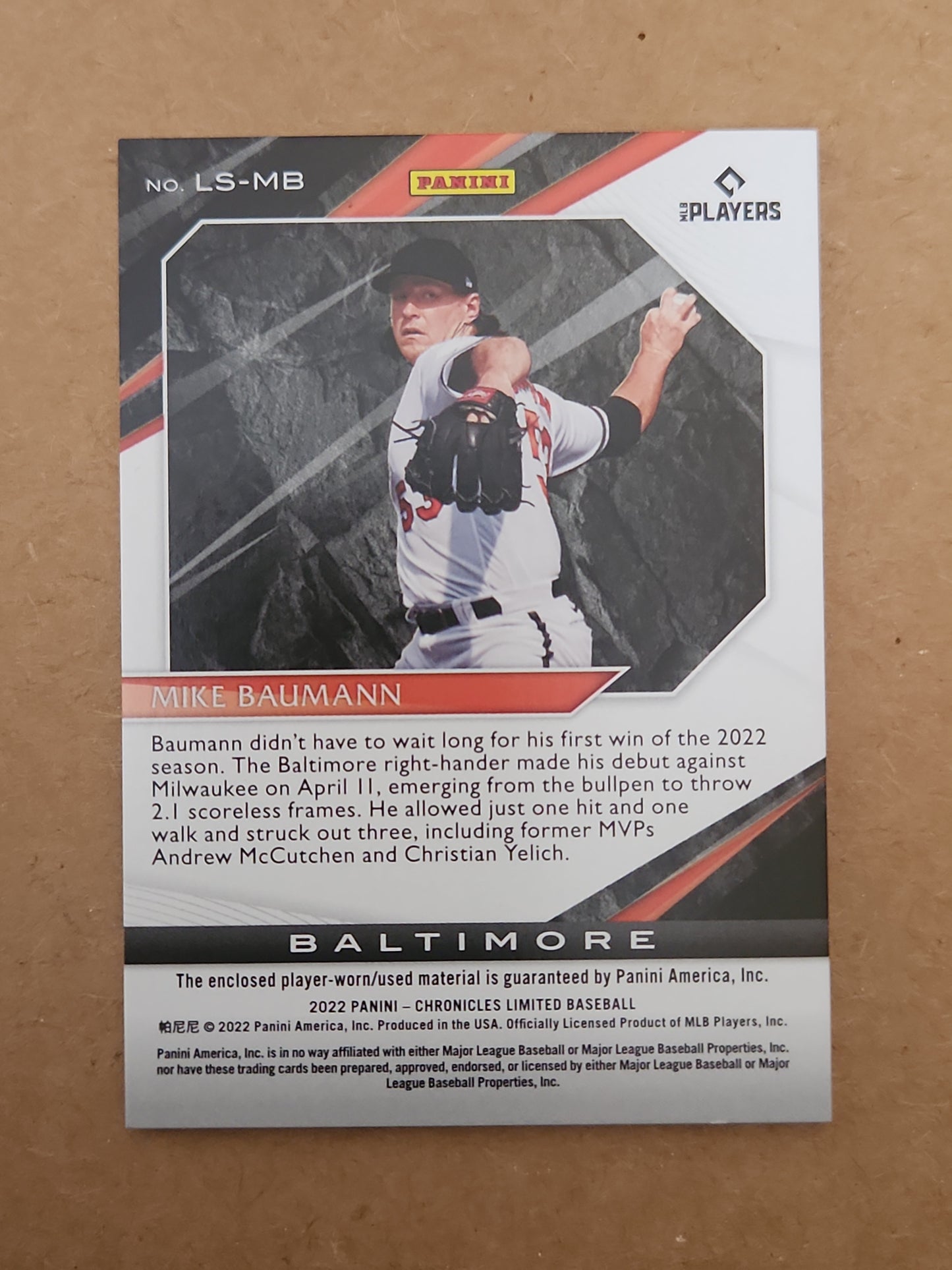 MIKE BAUMANN 2022 Panini Chronicles #LS-MB Limited Swatches Red Rookie RC SP 21/25