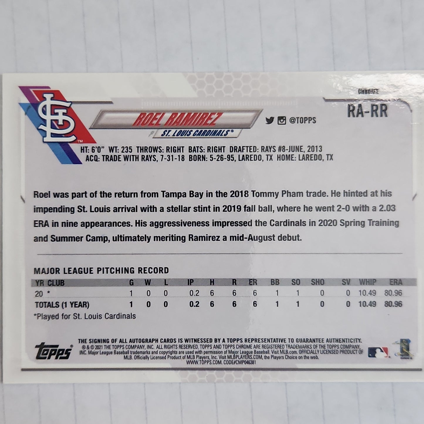 ROEL RAMIREZ RC AUTO 2021 TOPPS CHROME ROOKIE BASE AUTO #RA-RR CARDINALS